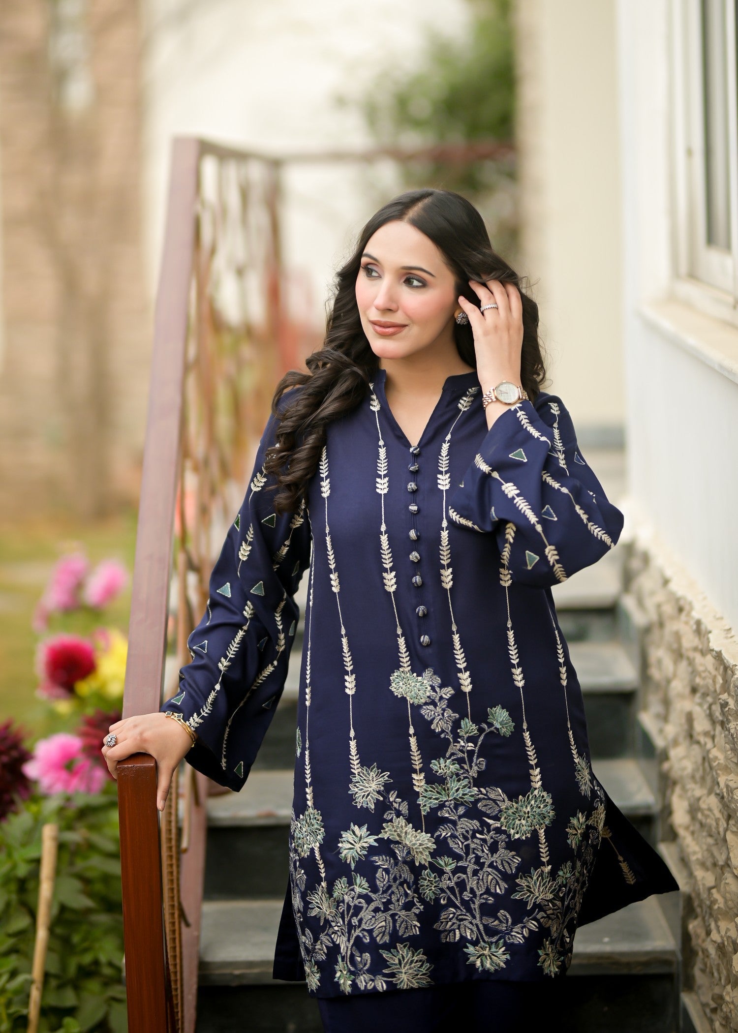 linen Kurta Set in Navy blue