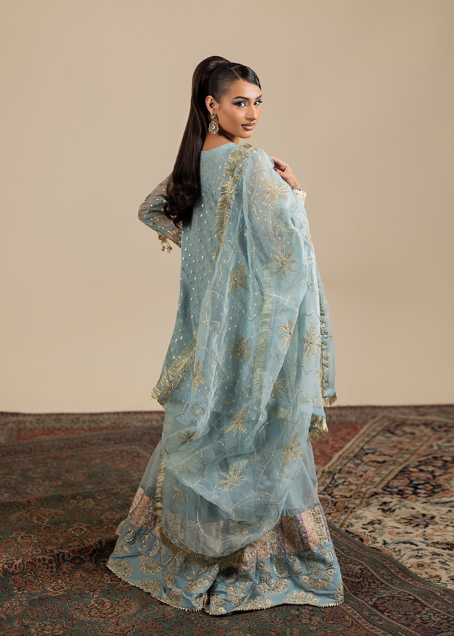 organza Gharara in Ice blue