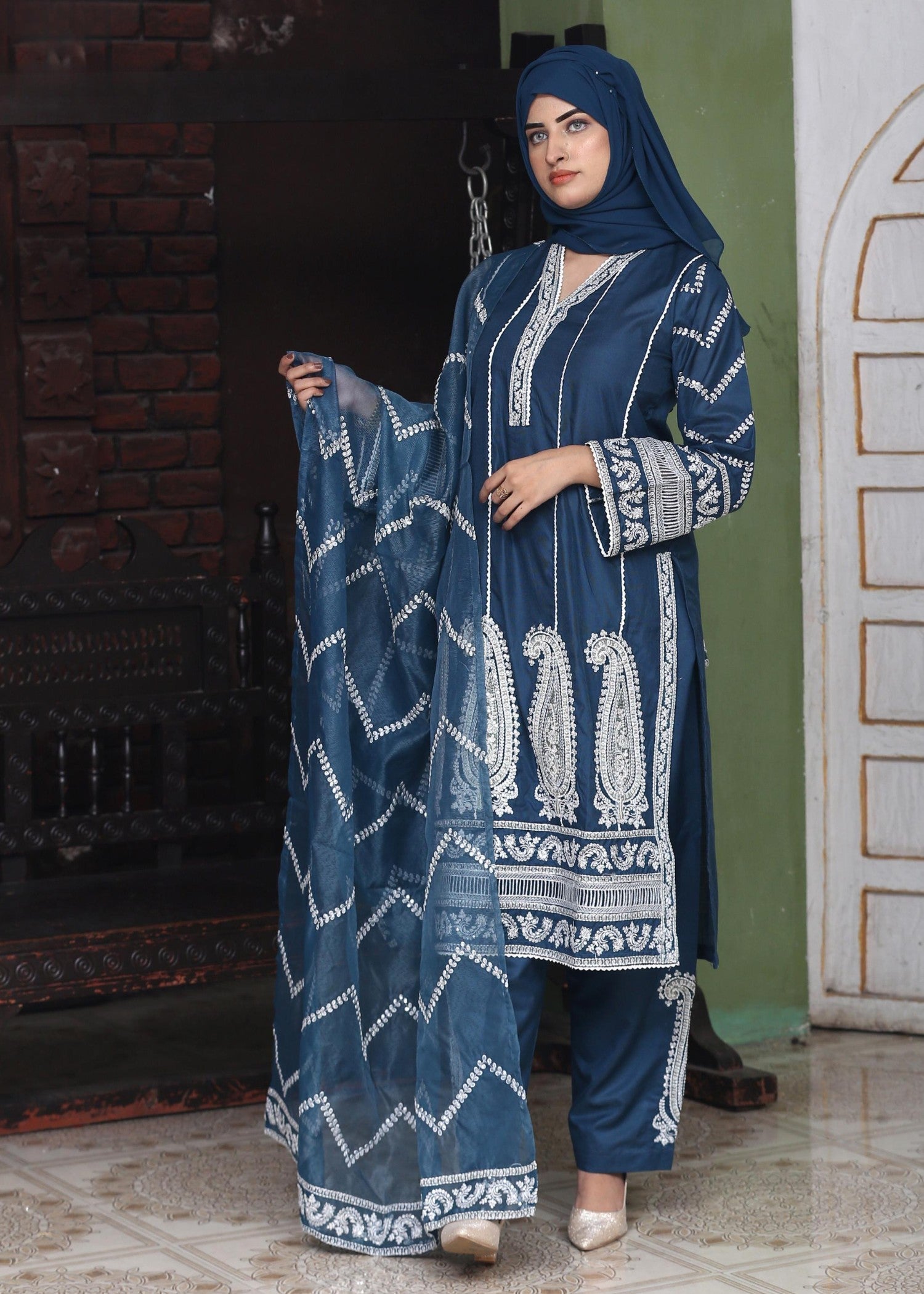 khaddi net Kurta Set in Indigo