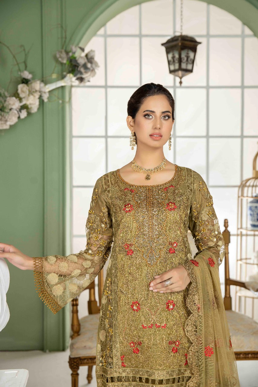 net Kurta Set in Olive green