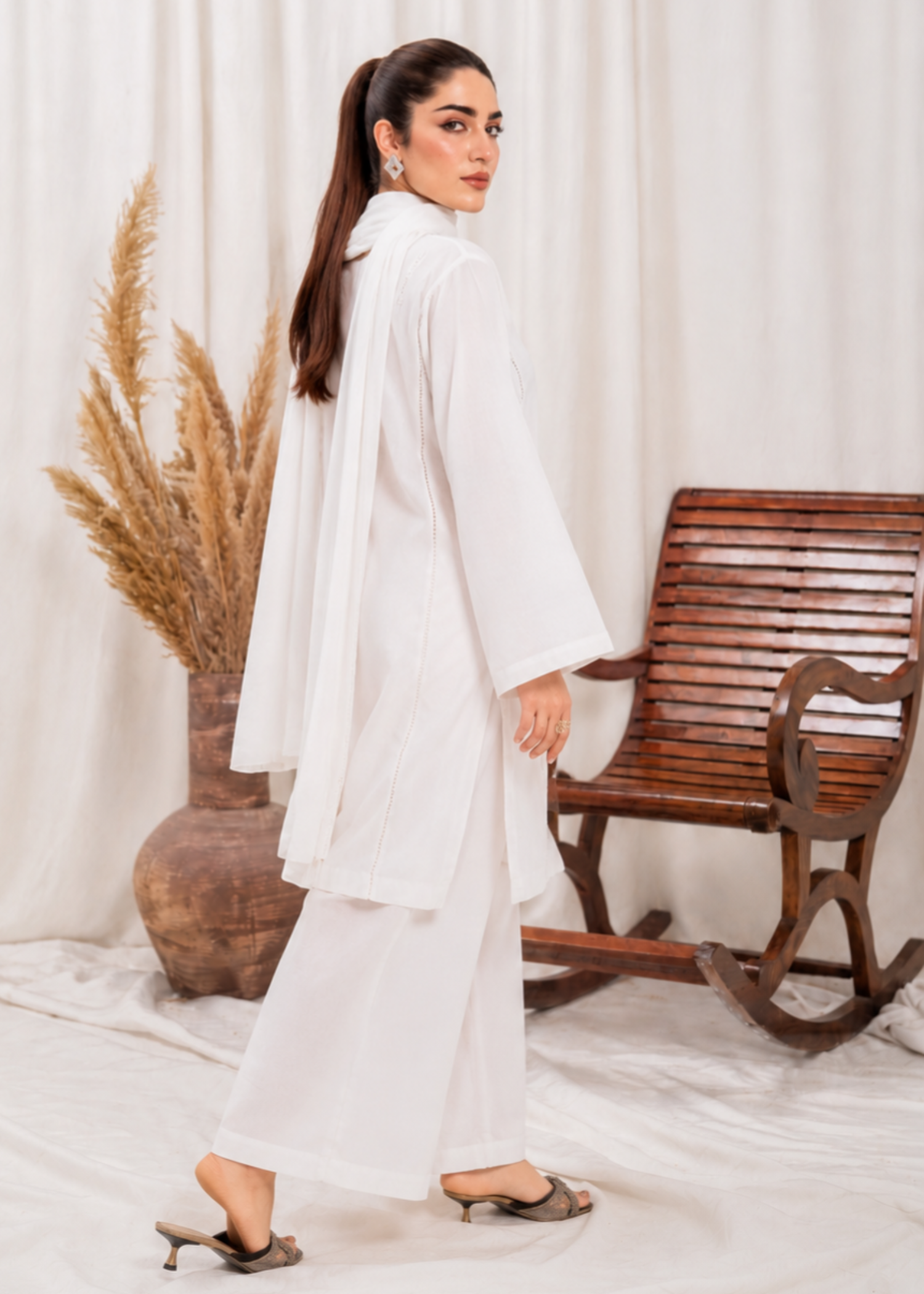 lawn cotton Kurta Set in White