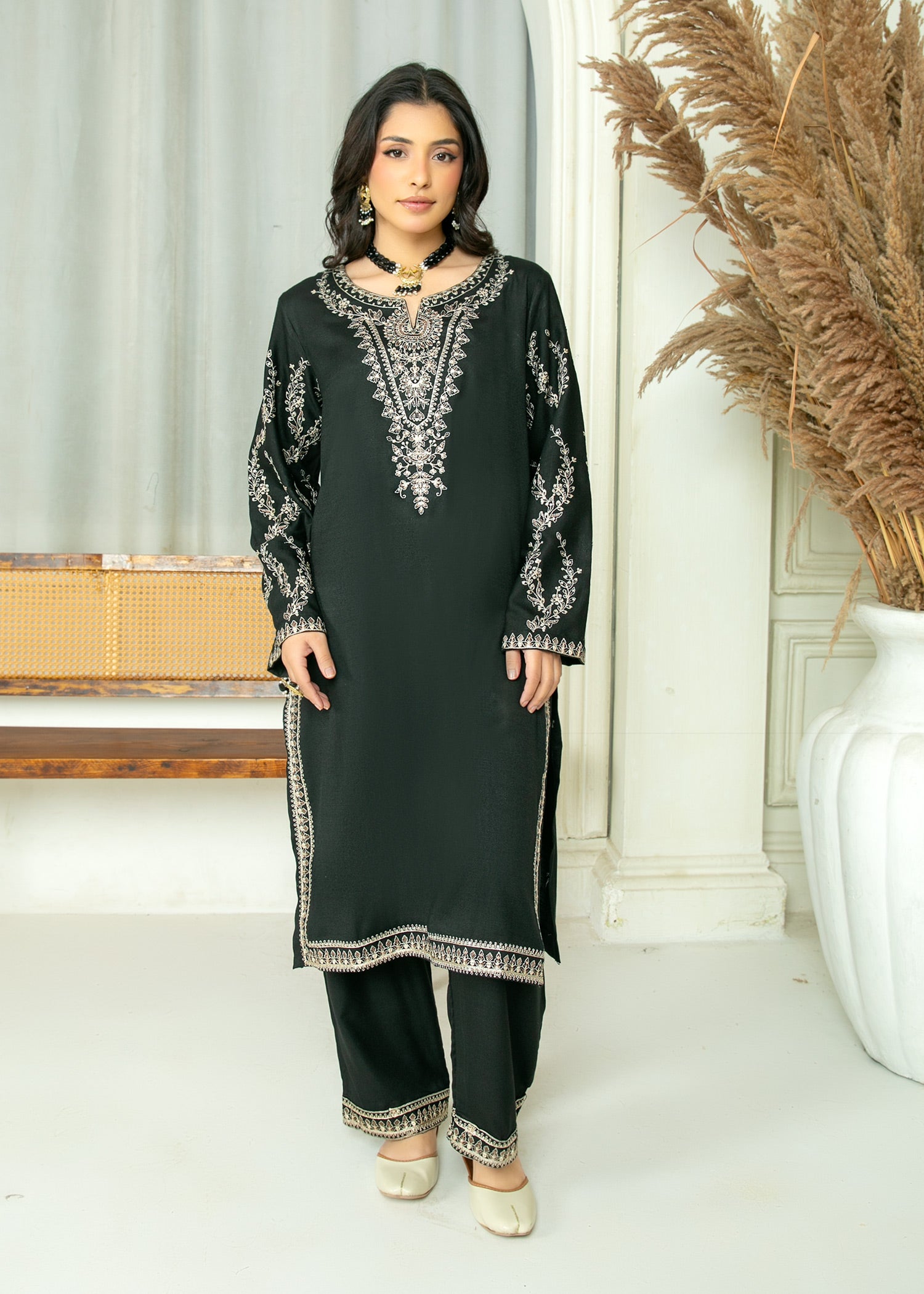 peach wool Kurta Set in Black