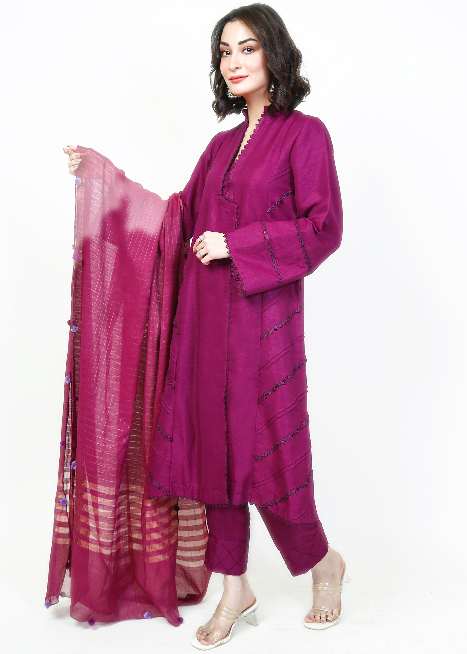 raw silk Short Frock in Magenta