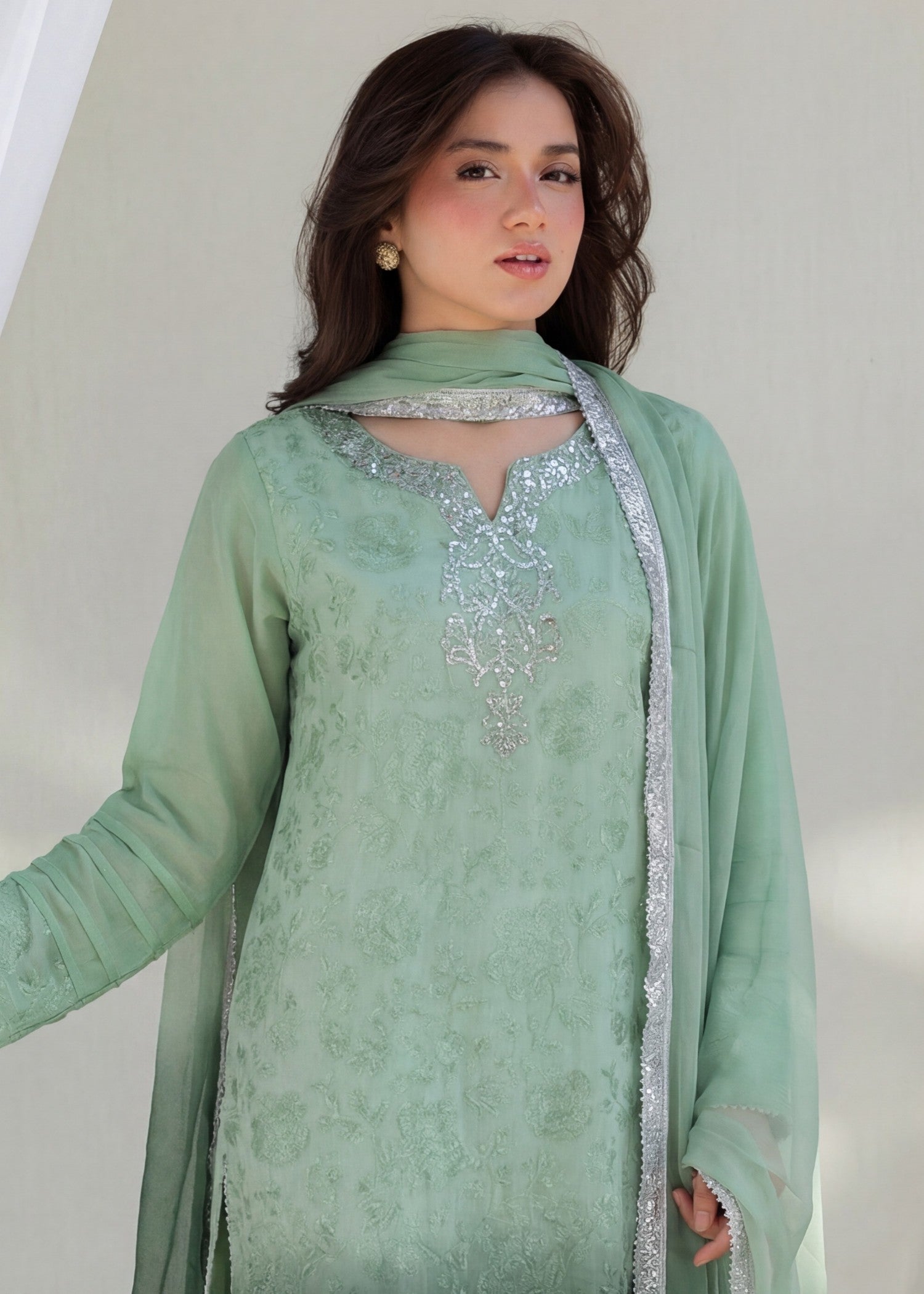 khaddi net Kurta Set in Moss green