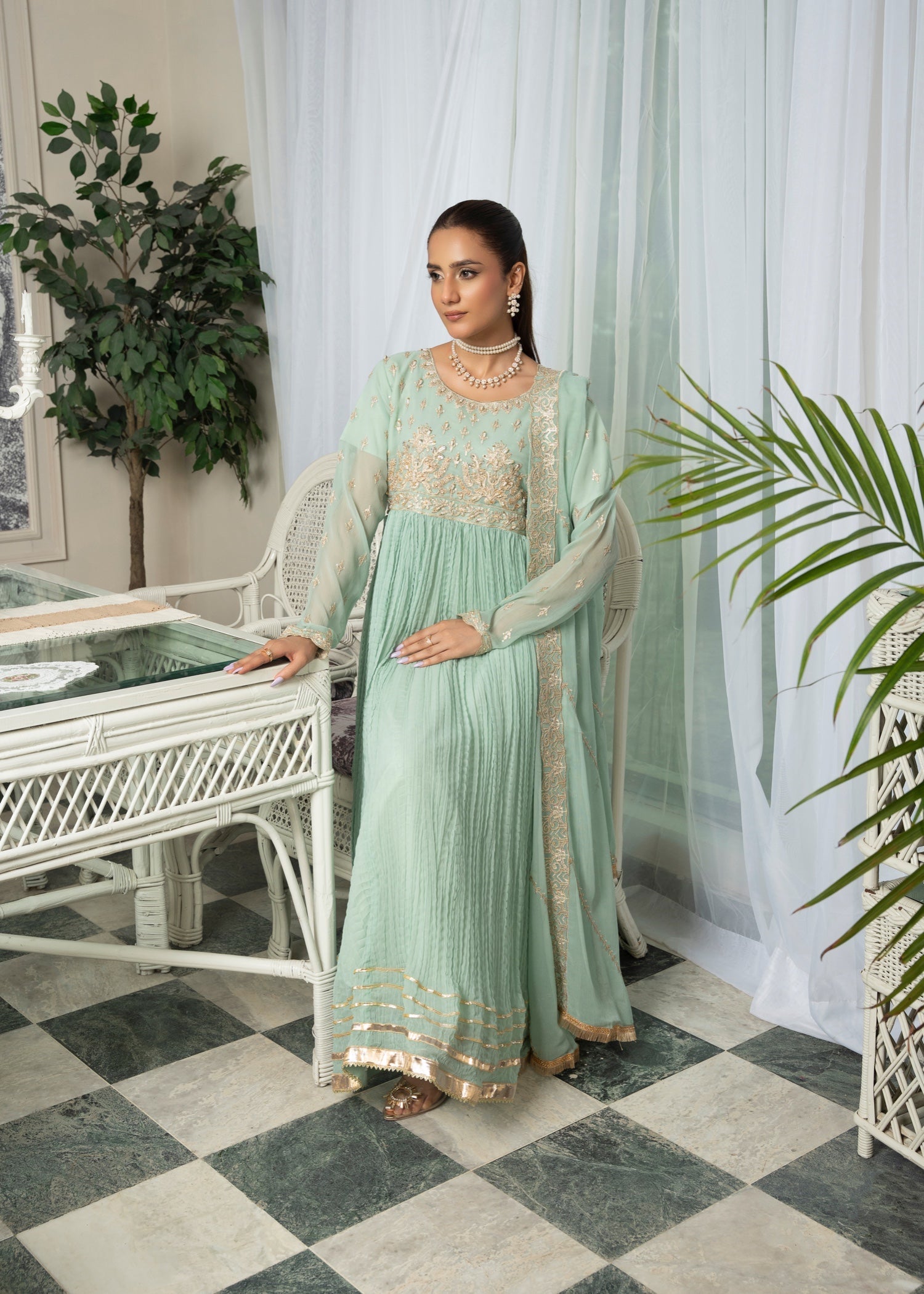 chiffon Pishwas in Mint green