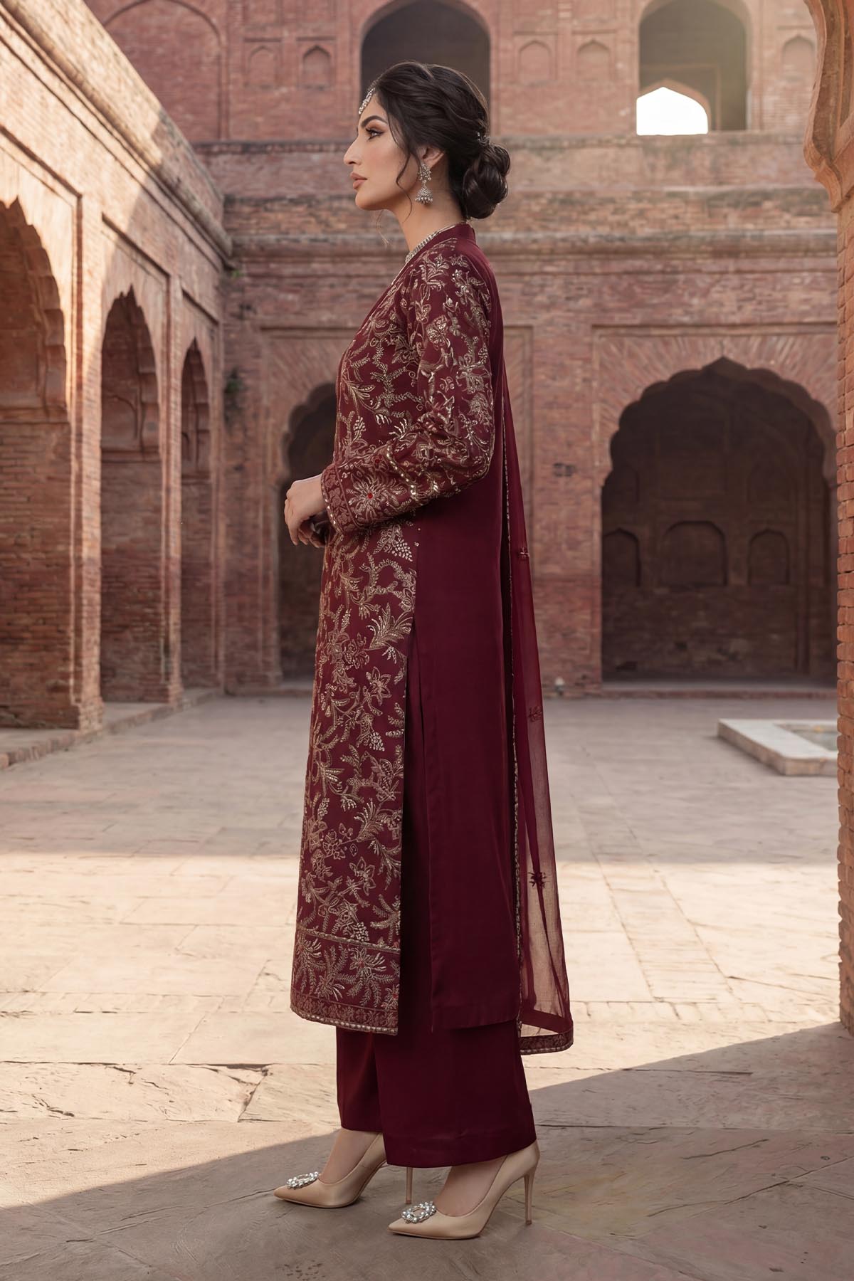 bemberg crinkle chiffon Kurta Set in Maroon