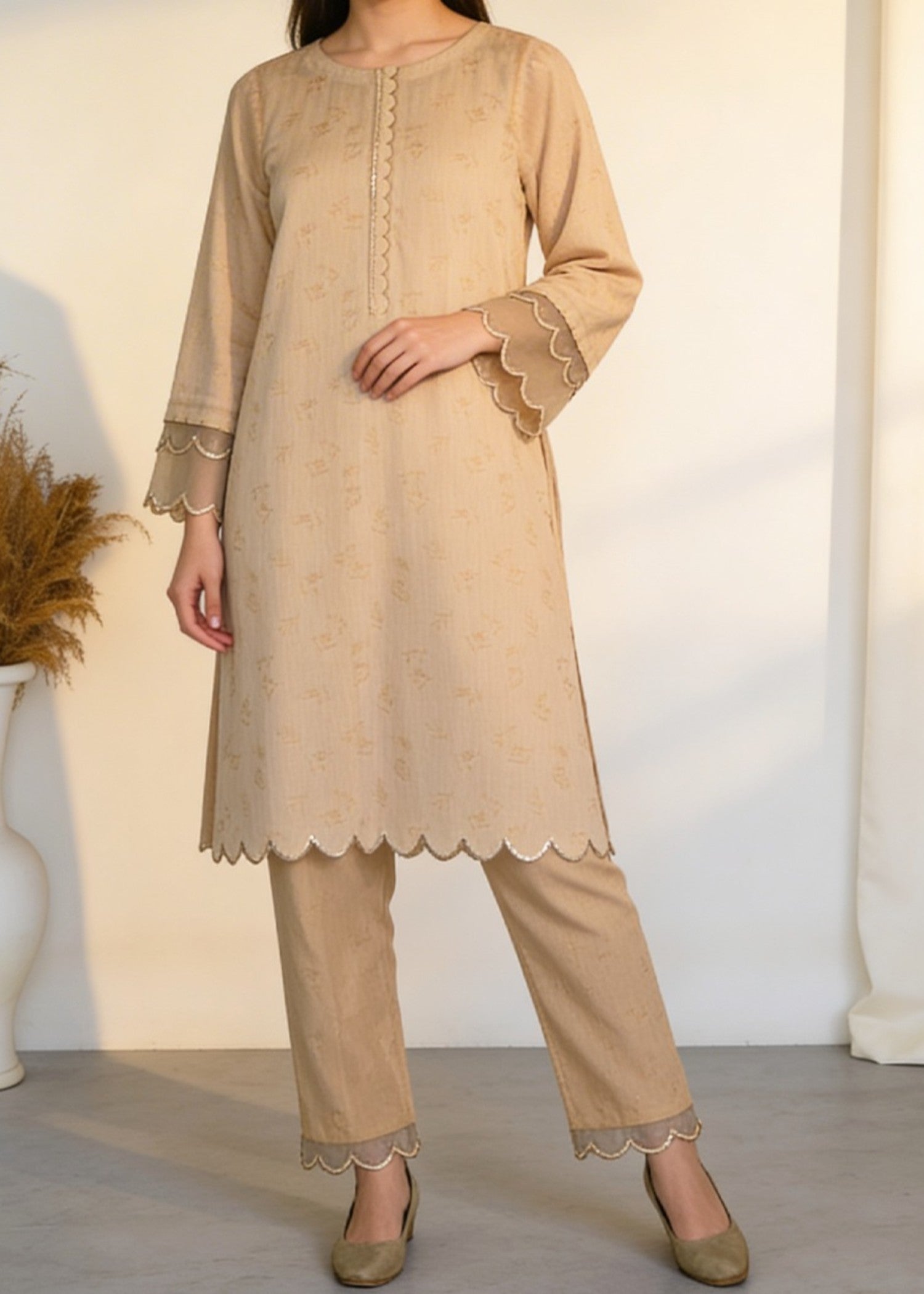 jacquard Co Ord Sets in Camel brown