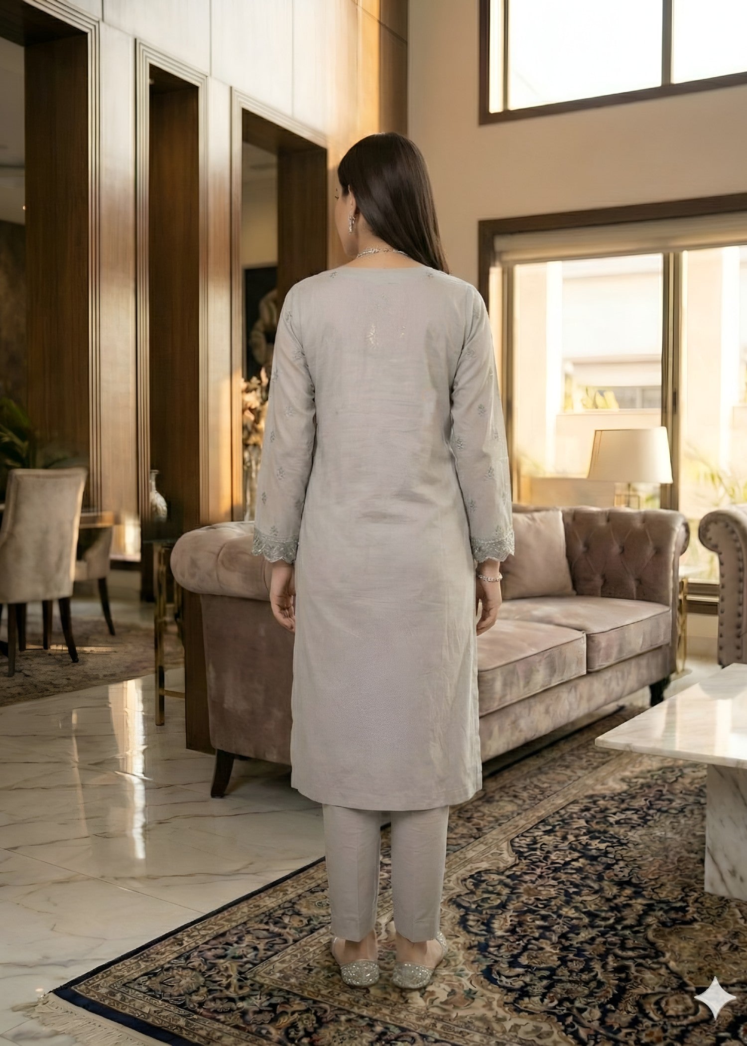 slub cambric Kurta Set in Ash grey