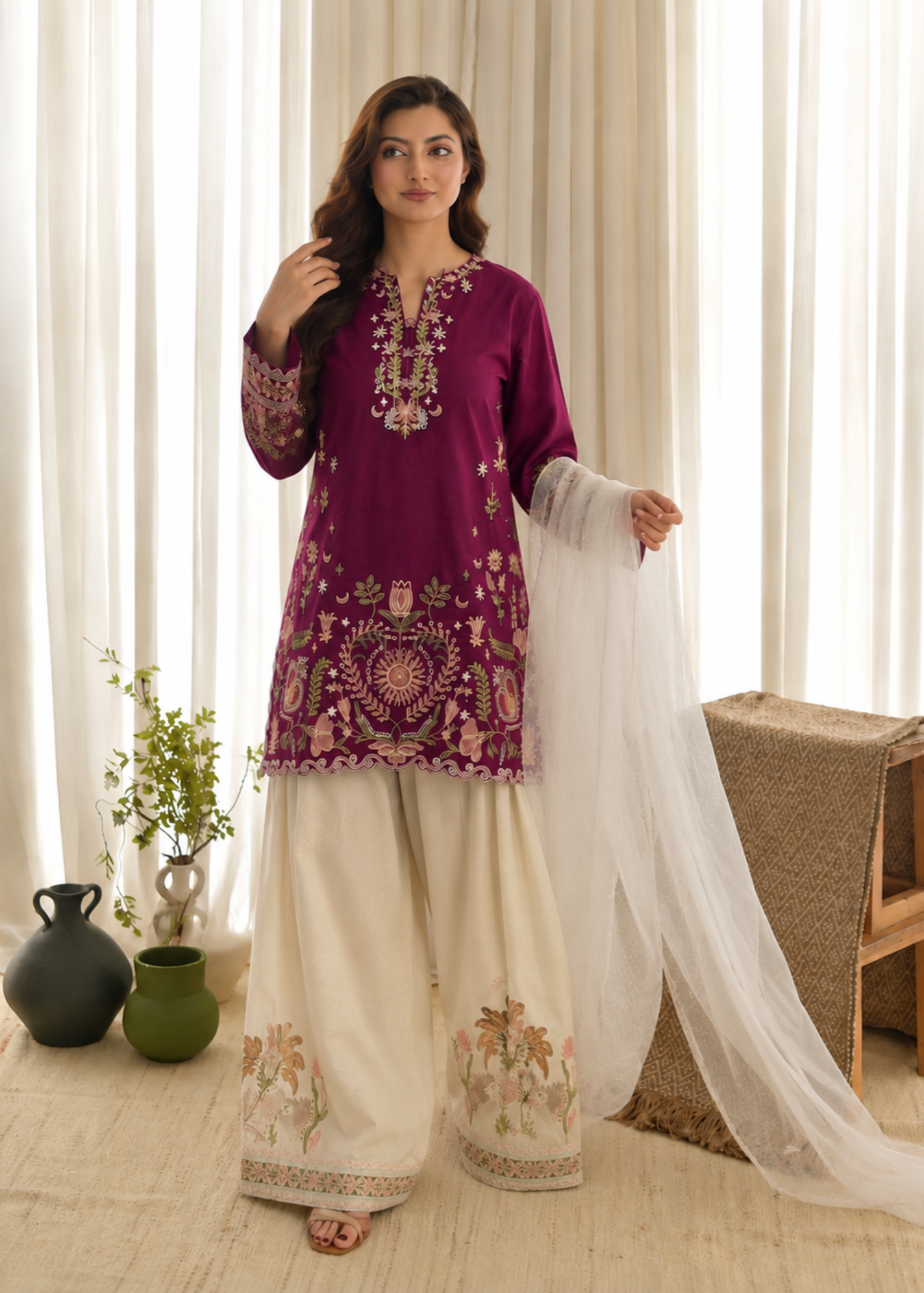 cotton Kurta Set in Magenta haze