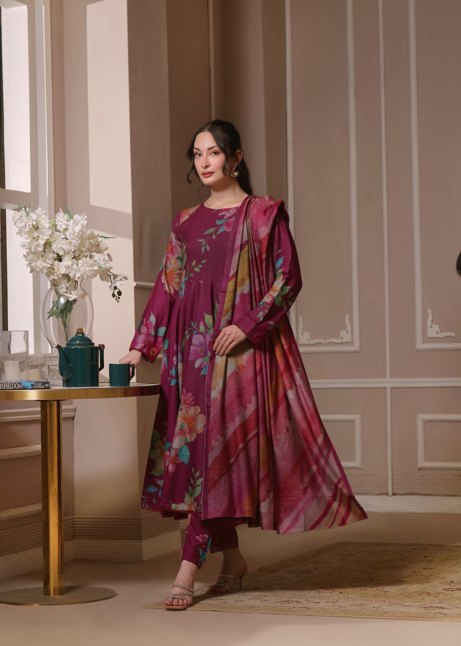 twill khaddar Unstitched in Burgundy