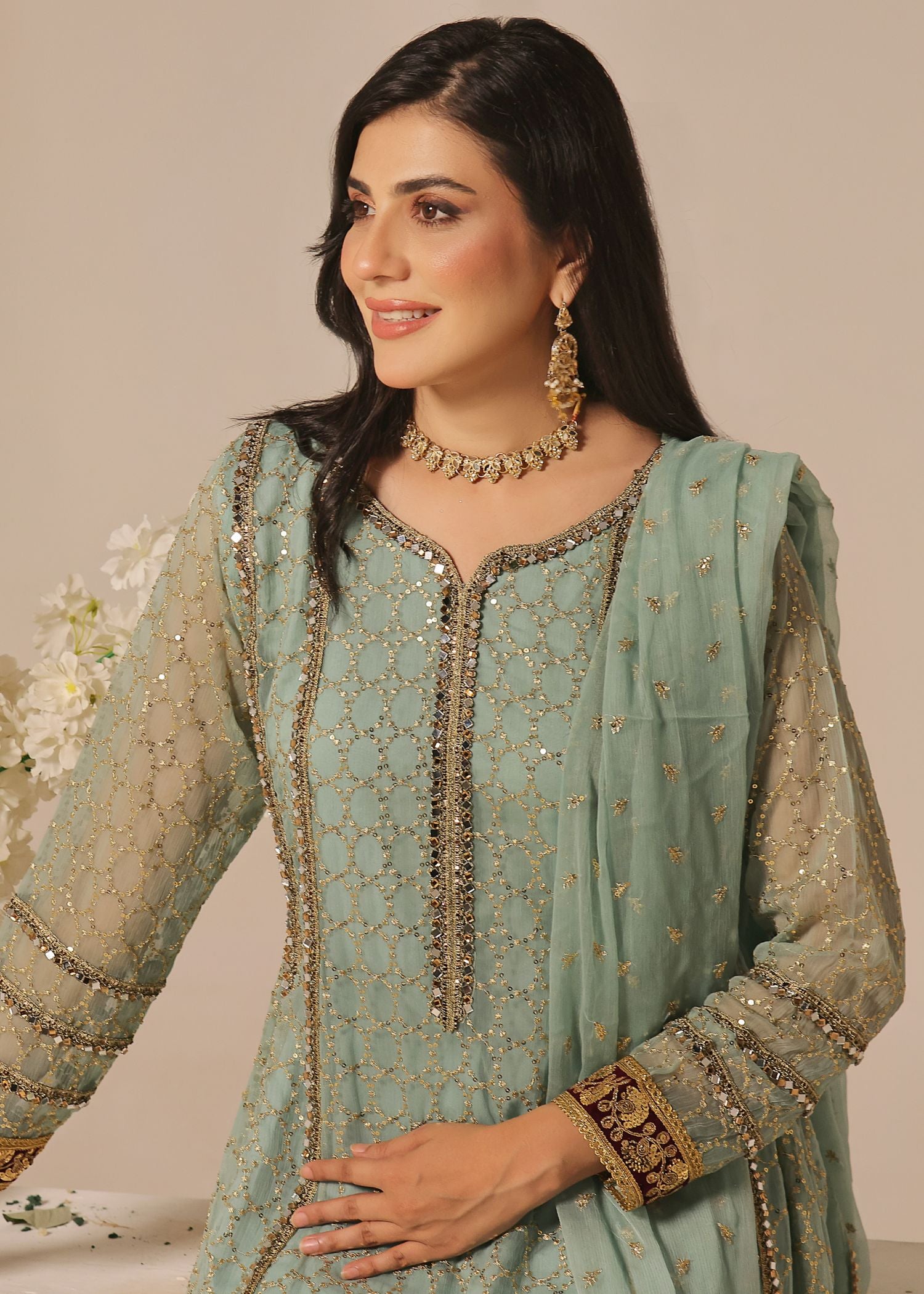 chiffon Anarkali in Pistachio green