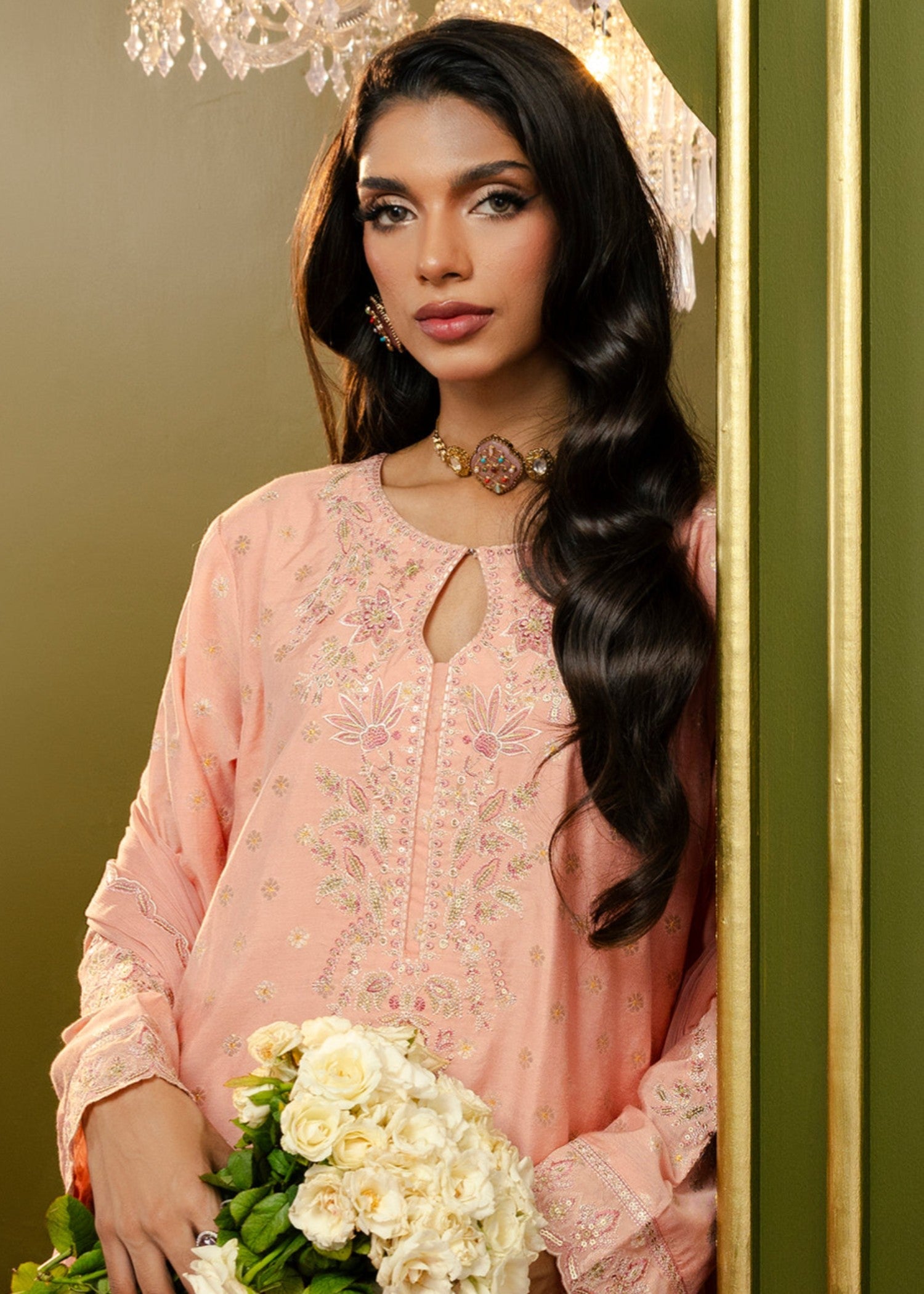 jacquard Gharara in Peach pink, peach orange