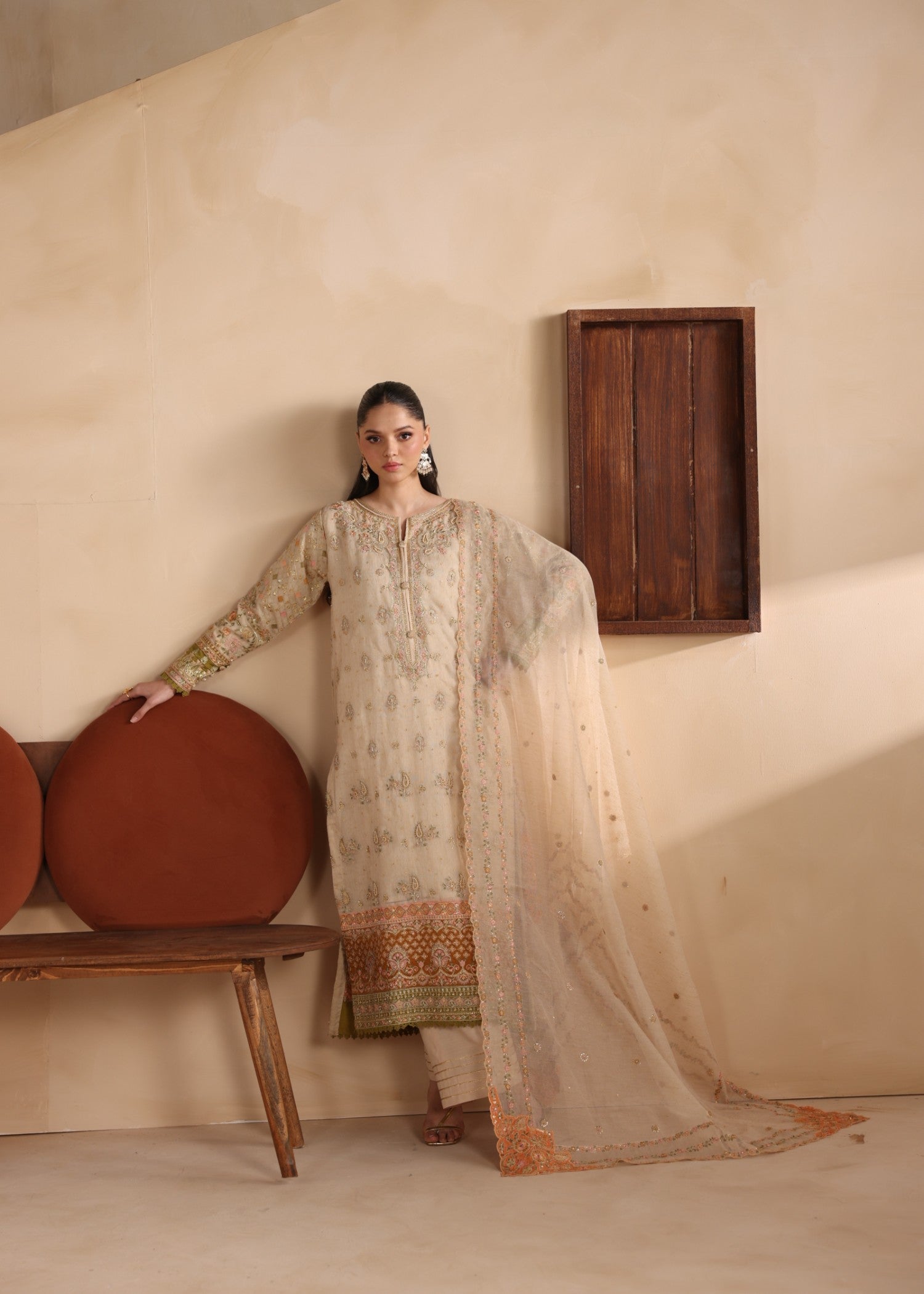 khaddi net Kurta Set in Beige