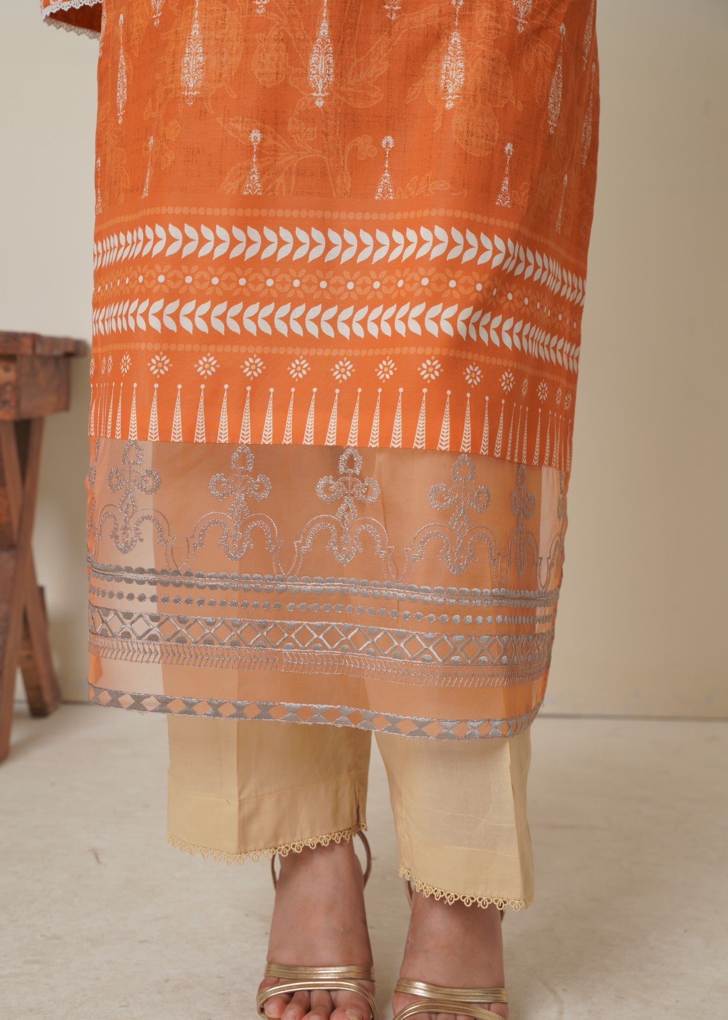 cambric Kurta Set in Mandarin orange