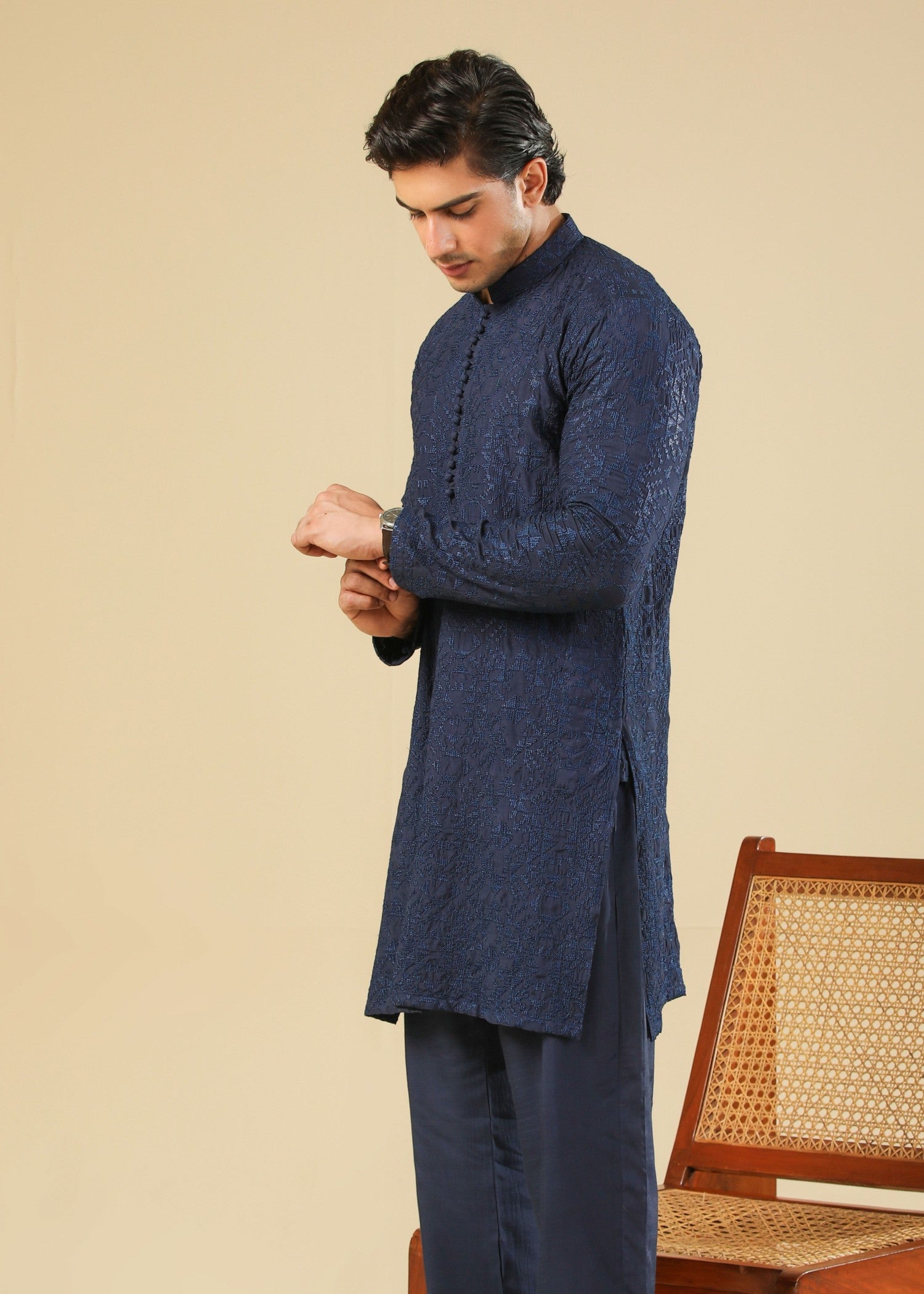 raw silk Kurta Set in Dark blue by Muraqsh