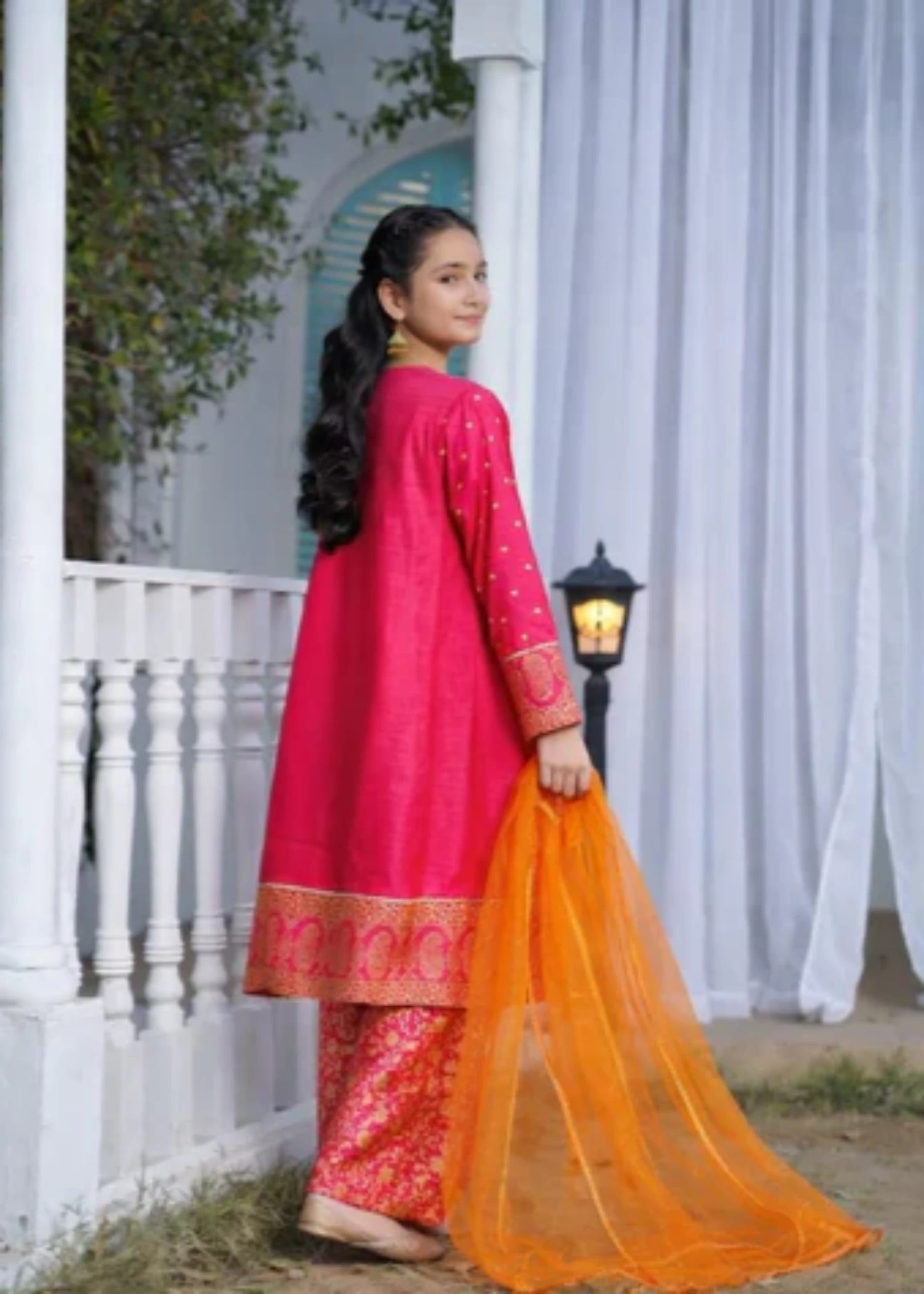 lawn Kurta Set in Shocking pink, orange