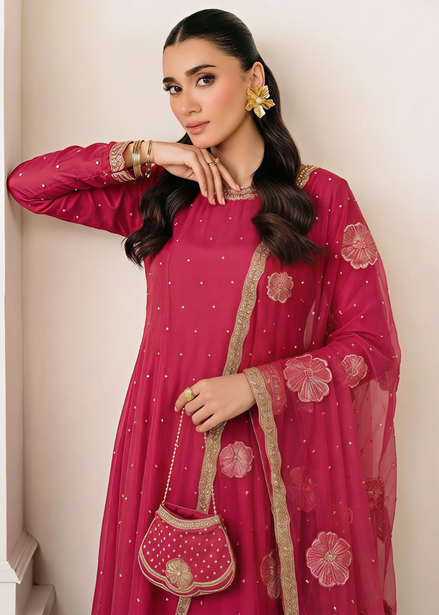 chiffon Pishwas in Hot pink
