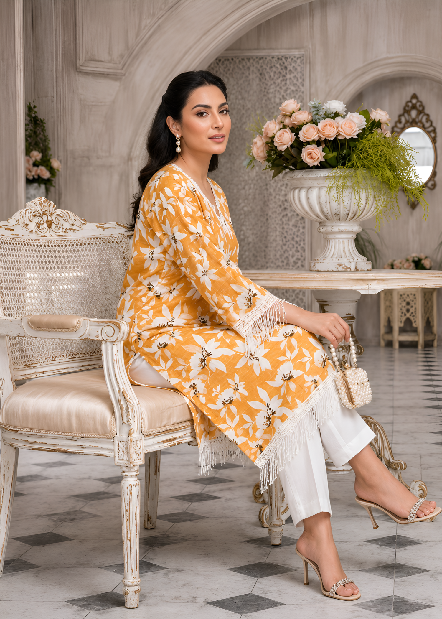 cotton Kurta Set in White, mustard