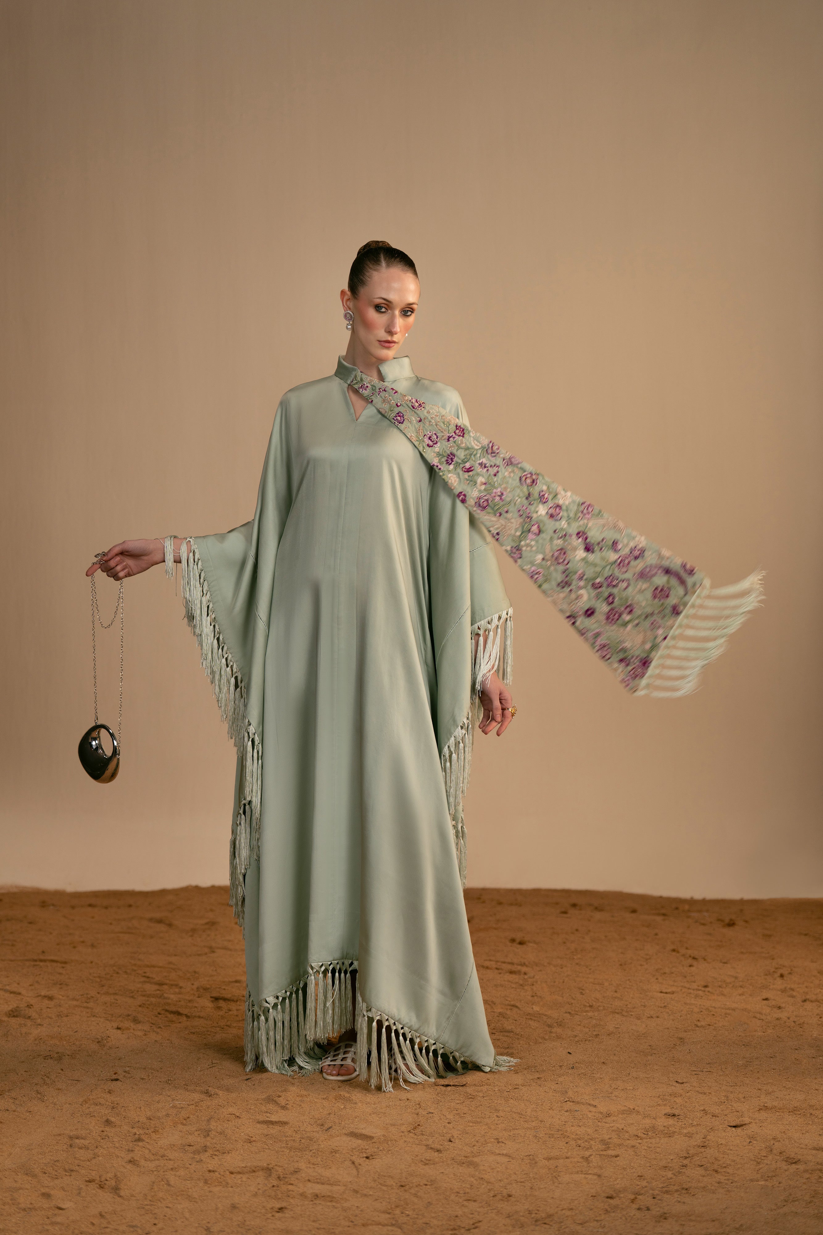 satin silk Kaftan in Sage green