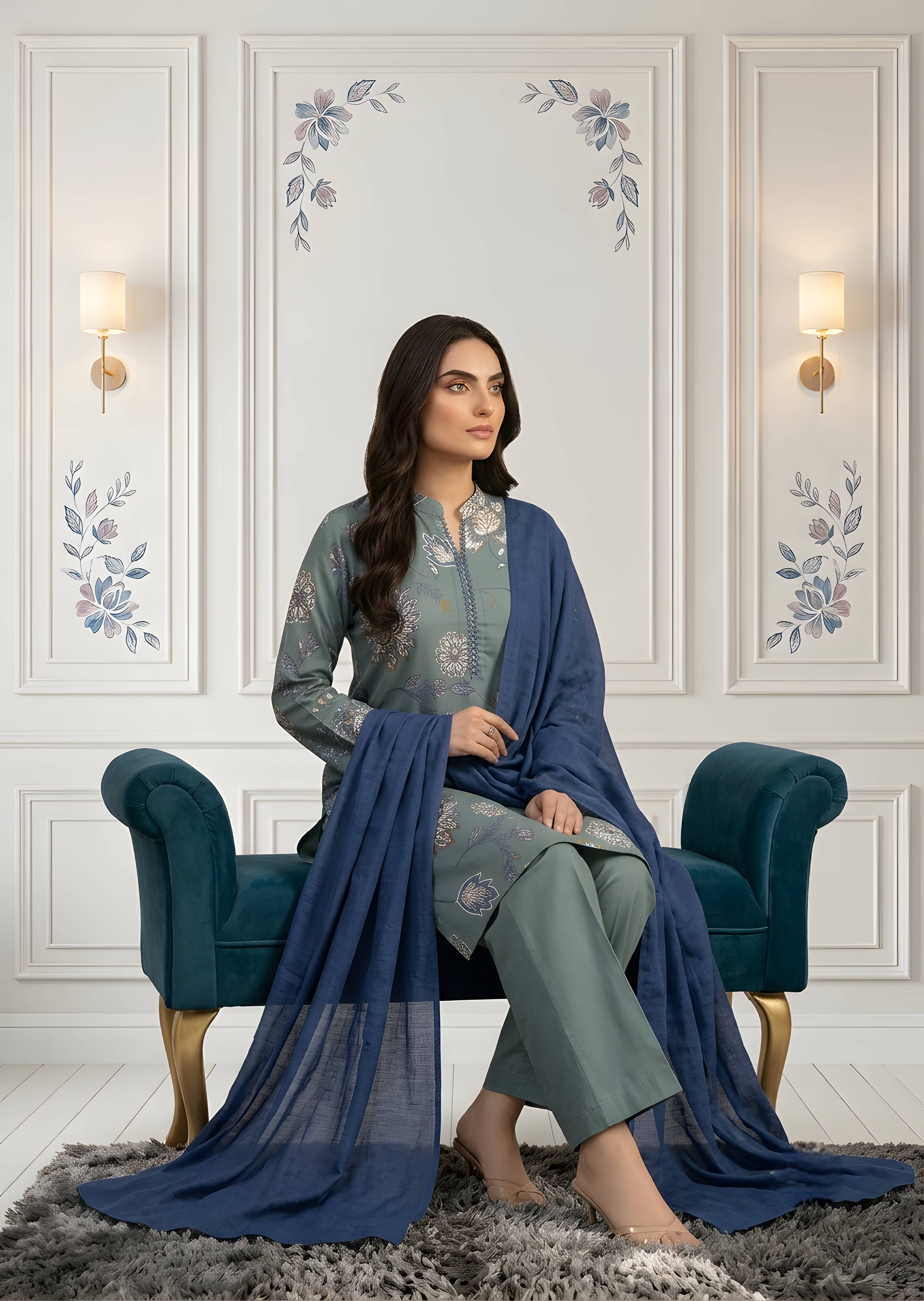 lawn Kurta Set in Slate grey, cobalt blue