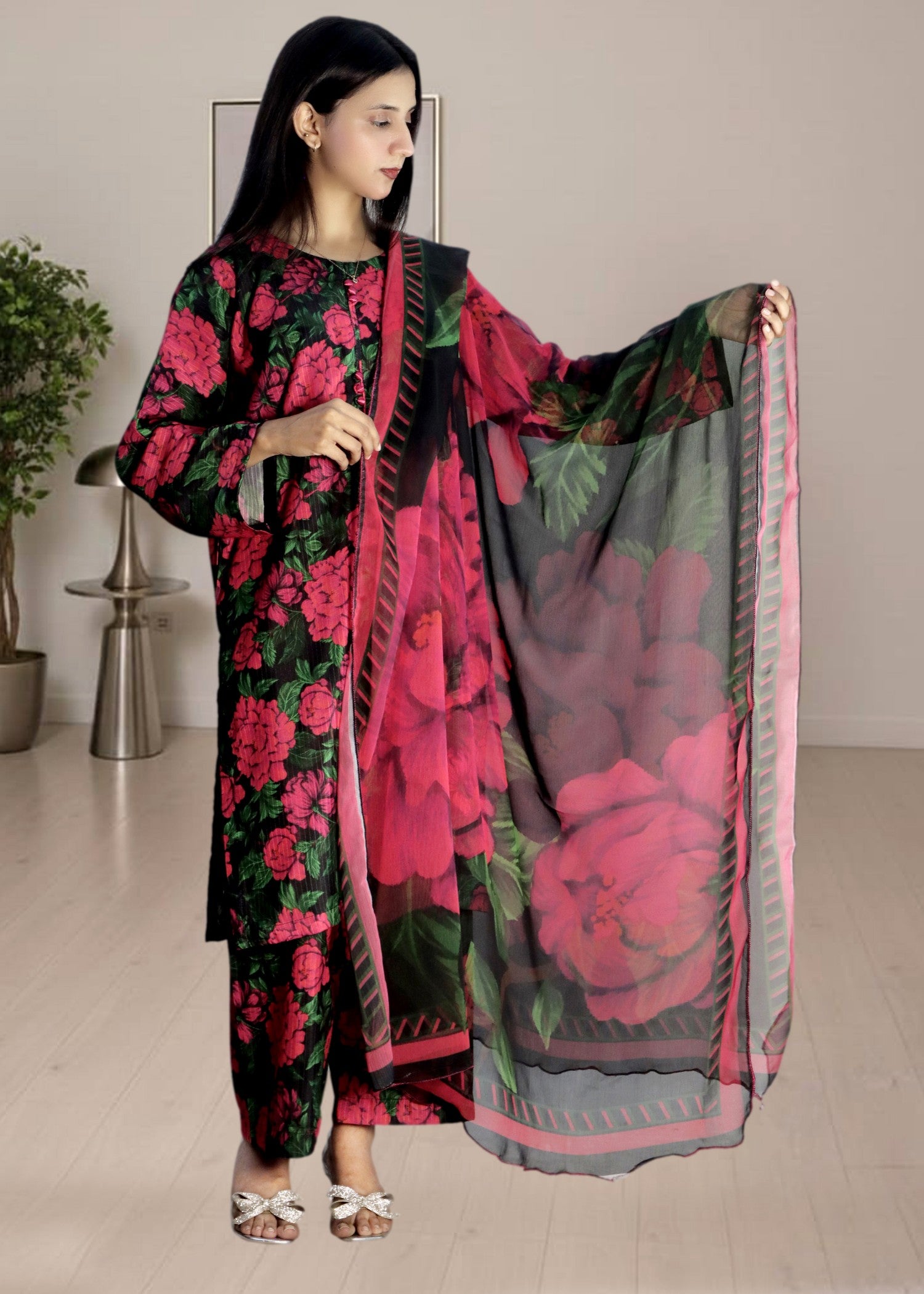 slub khaddar Kurta Set in Multi