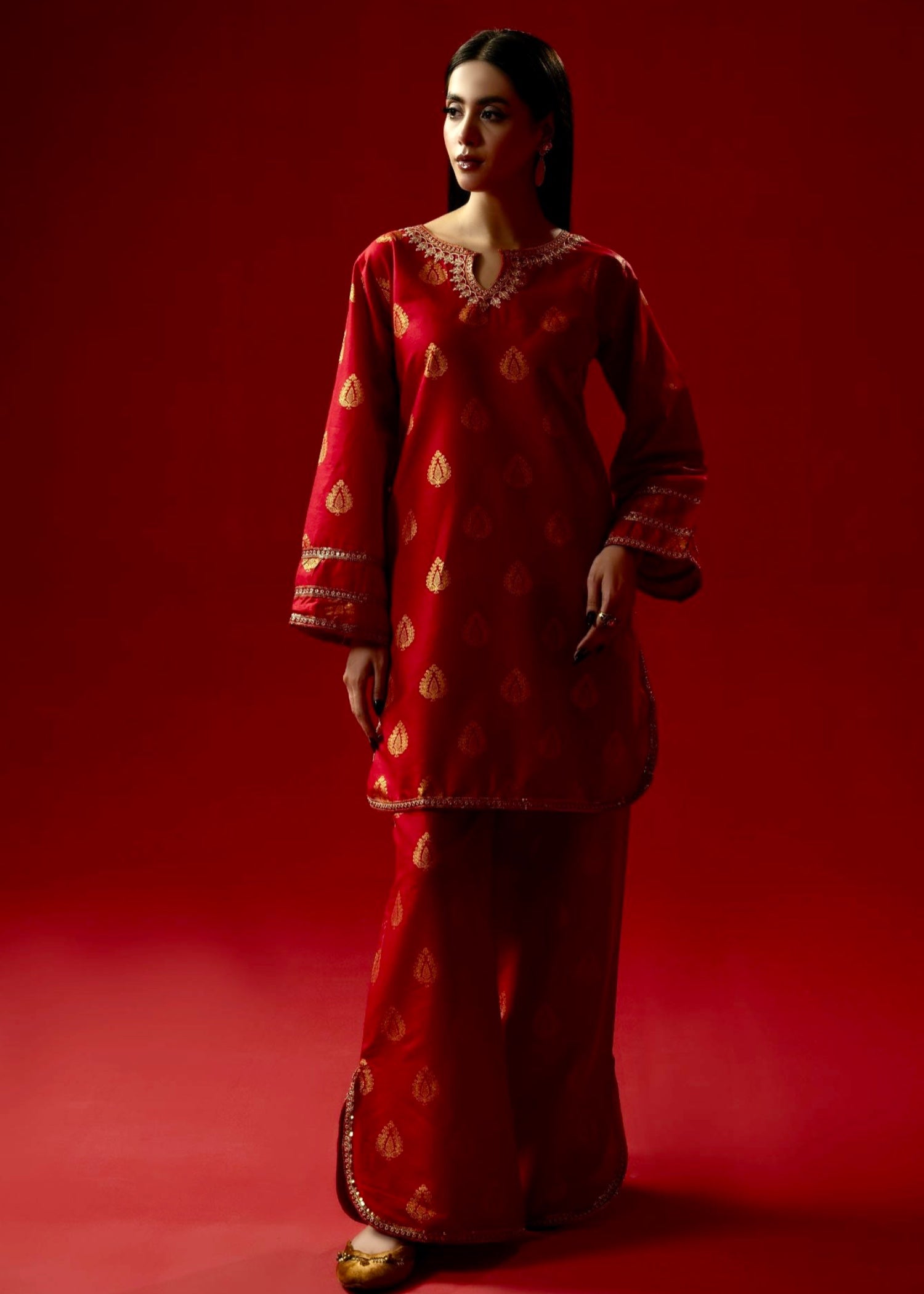 cambric Kurta Set in Red