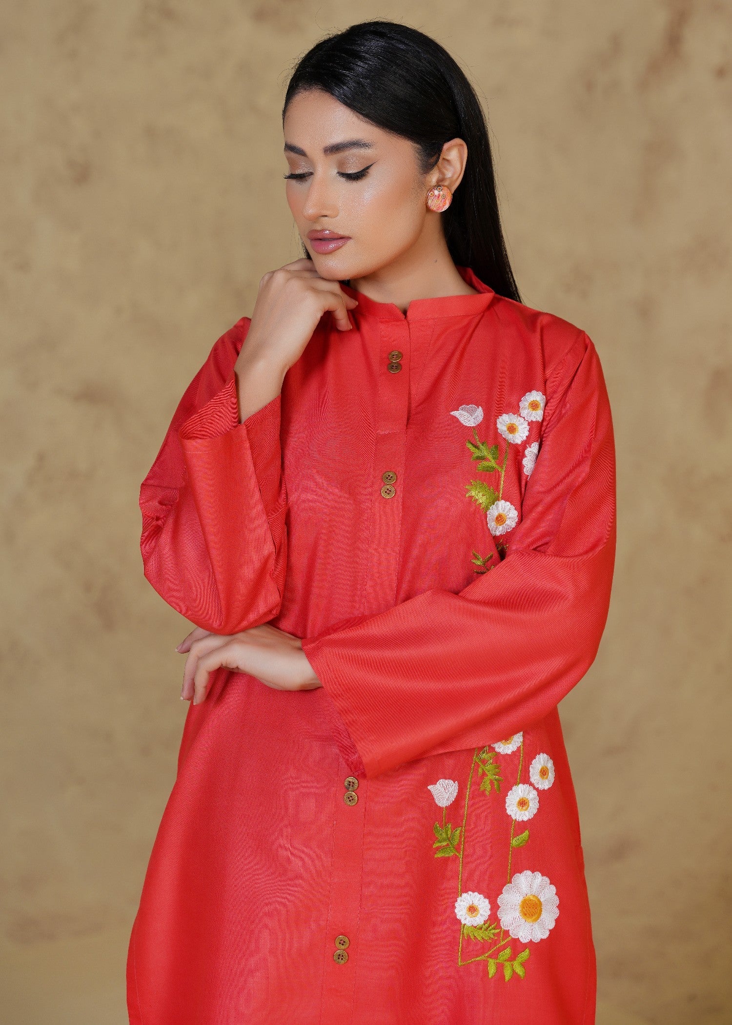 linen Kurti in Coral red