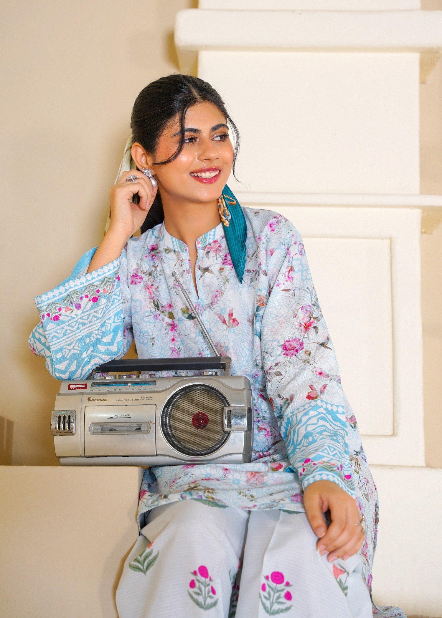 slub cambric Kurta Set in Baby blue