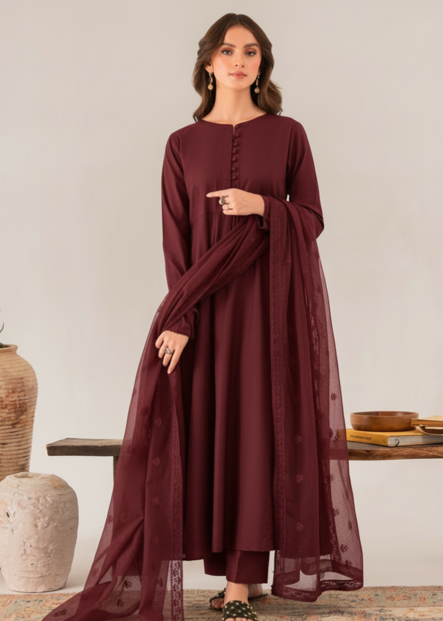 chambray Pishwas in Maroon
