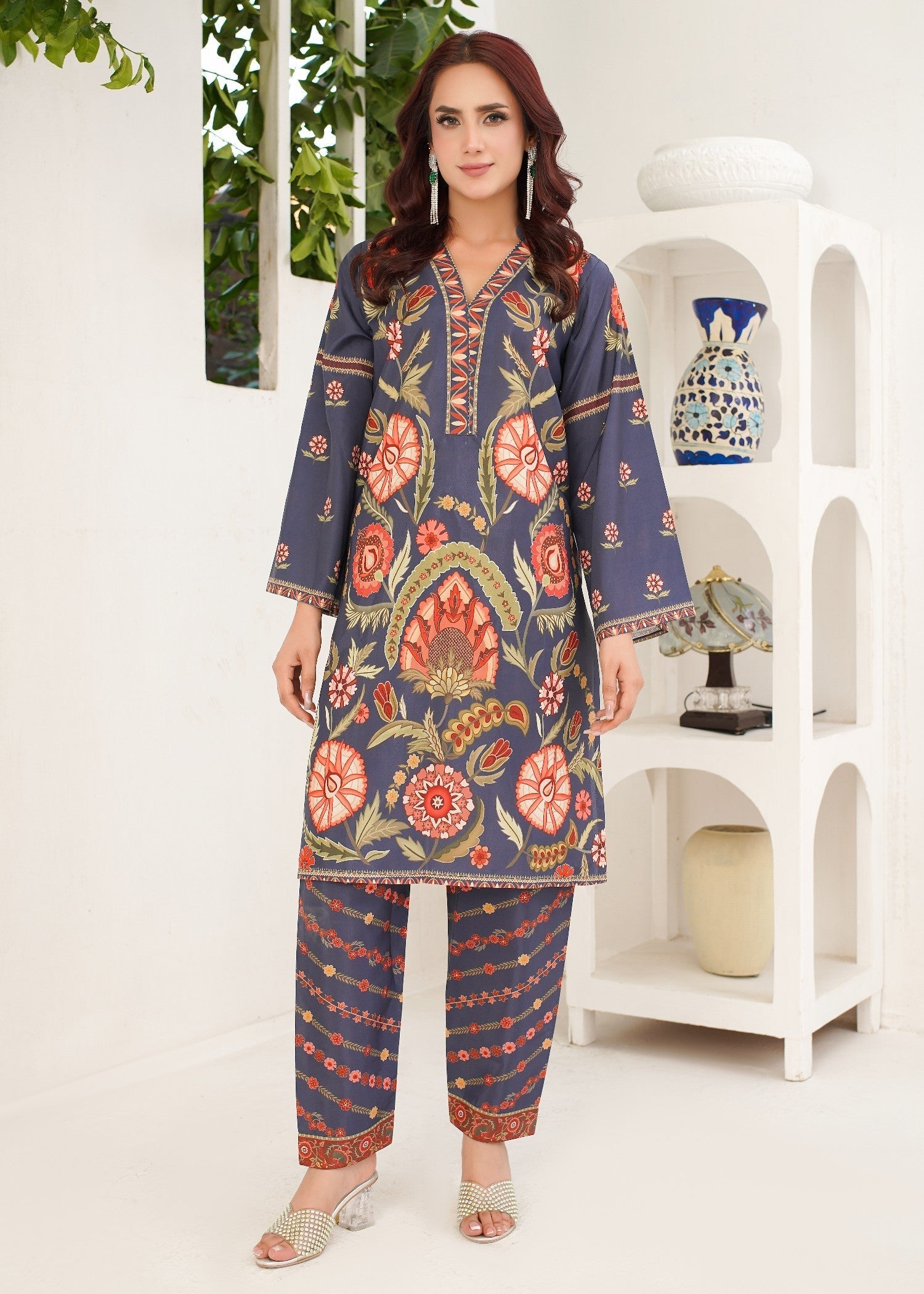 polyester crepe Kurta Set in Navy blue