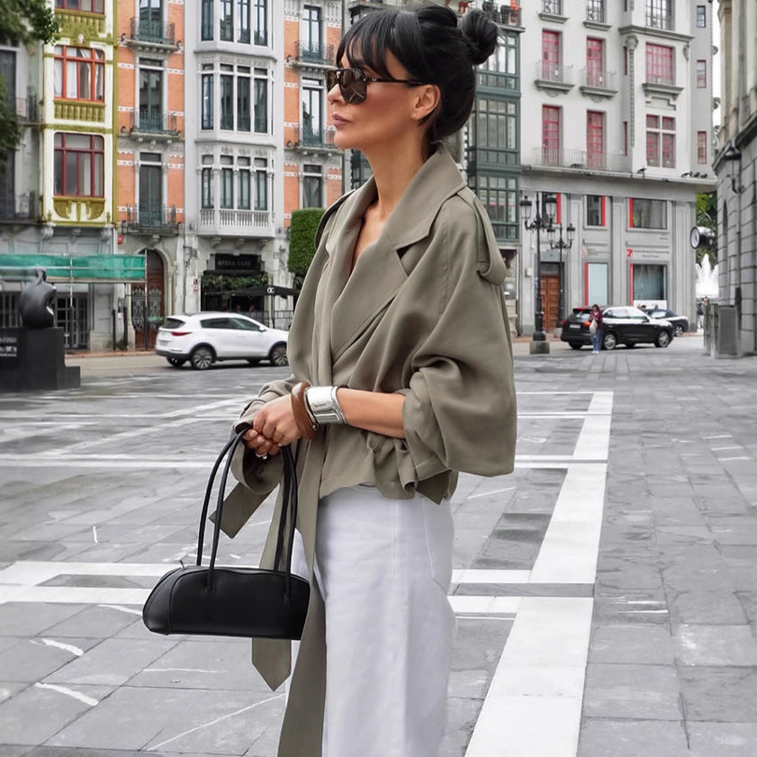 Women's Large Lapel Lace-up Trench Coat Fashionable Jacket