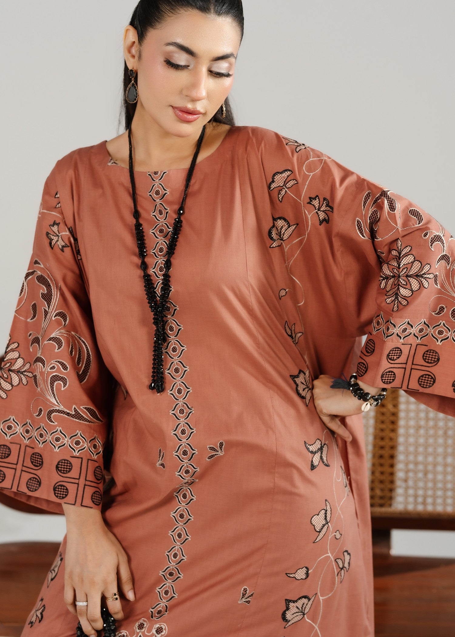 lawn Kurta Set in Rust orange