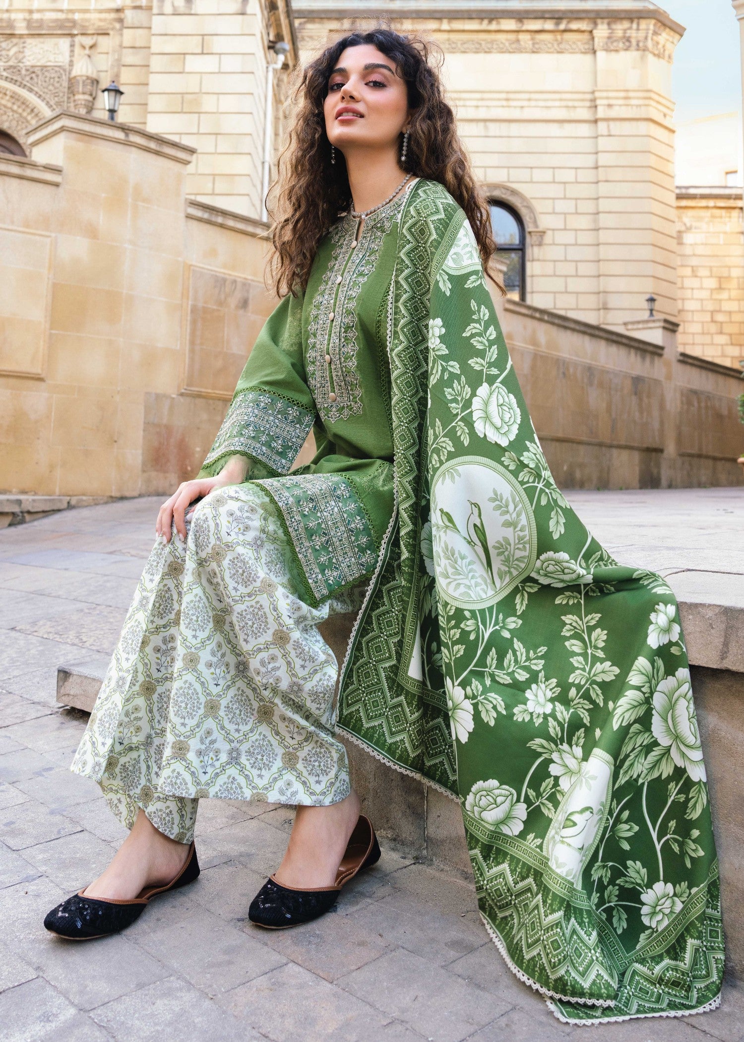 khaddar Kurta Set in Green