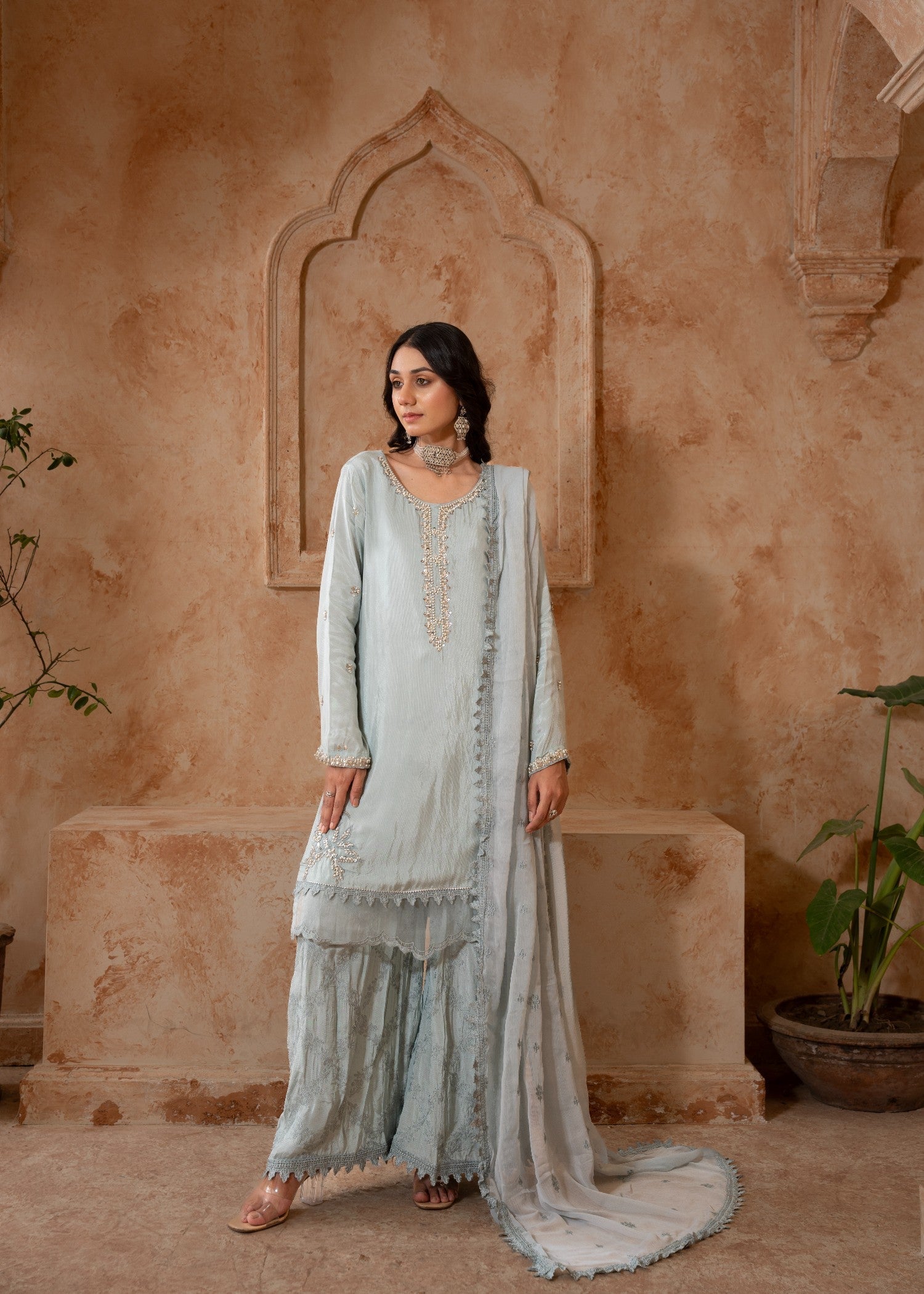 raw silk Kurta Set in Ash grey