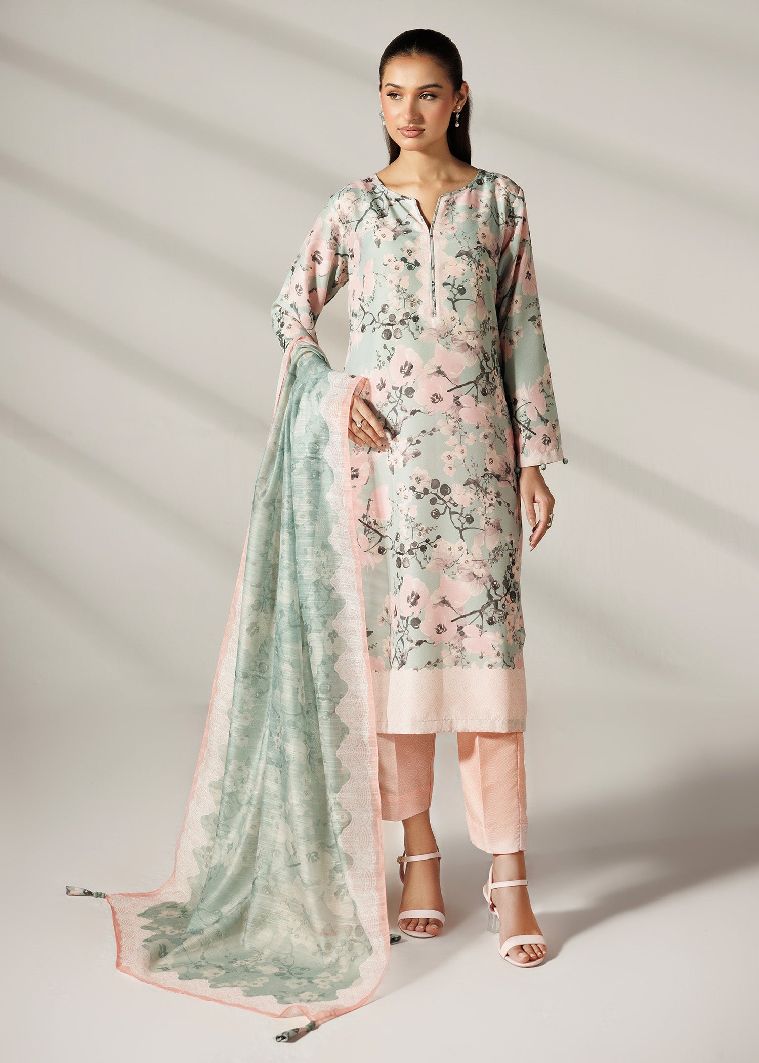 silk finish lawn Kurta Set in Multi