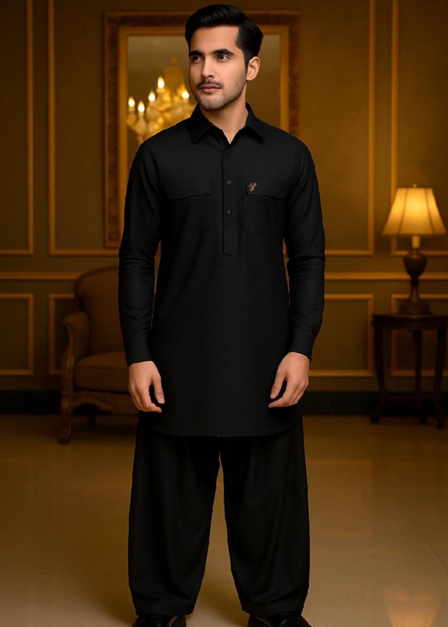 cotton linen Kurta Set in Black by J Pardesi
