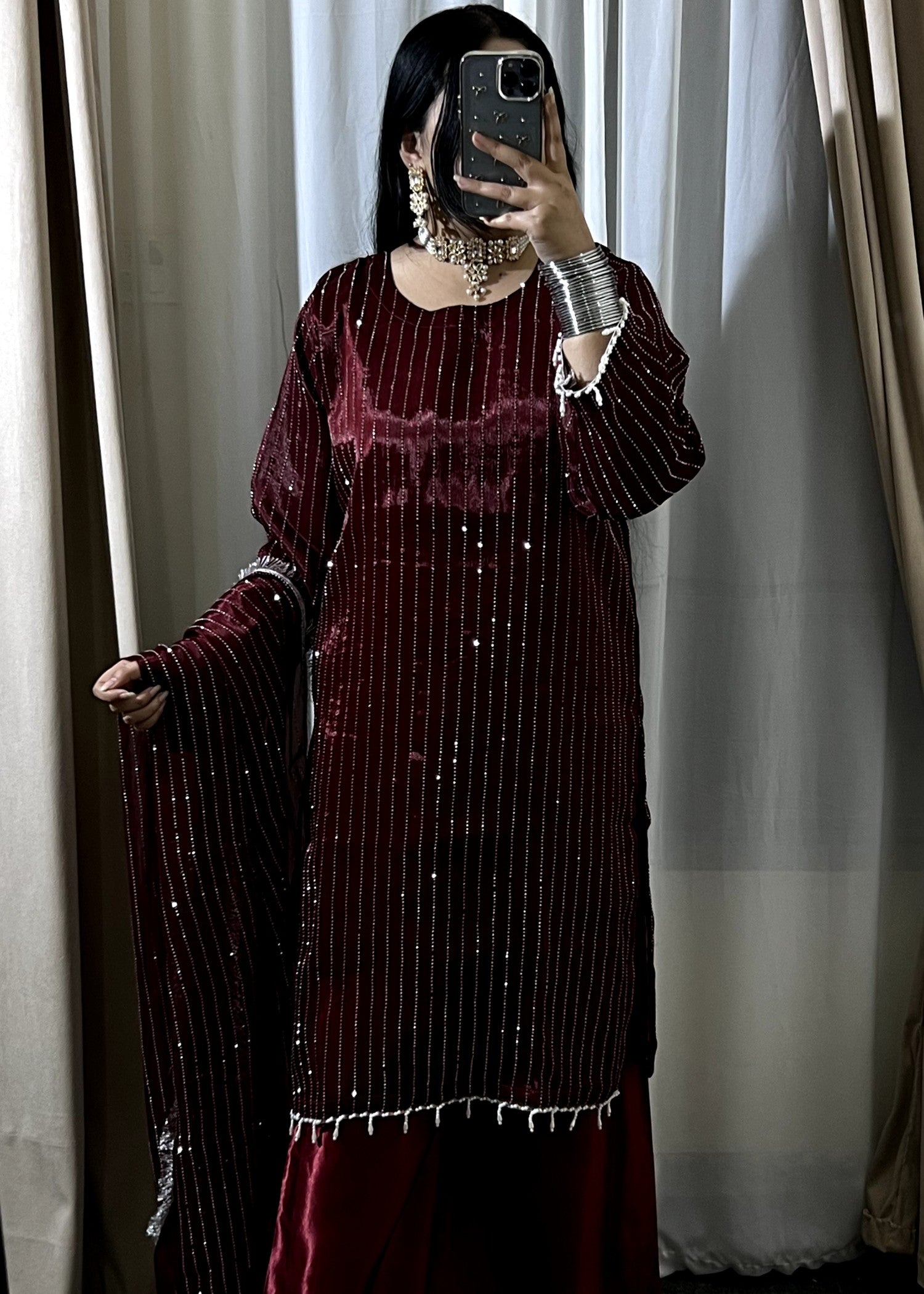 crinkle Kurta Set in Maroon