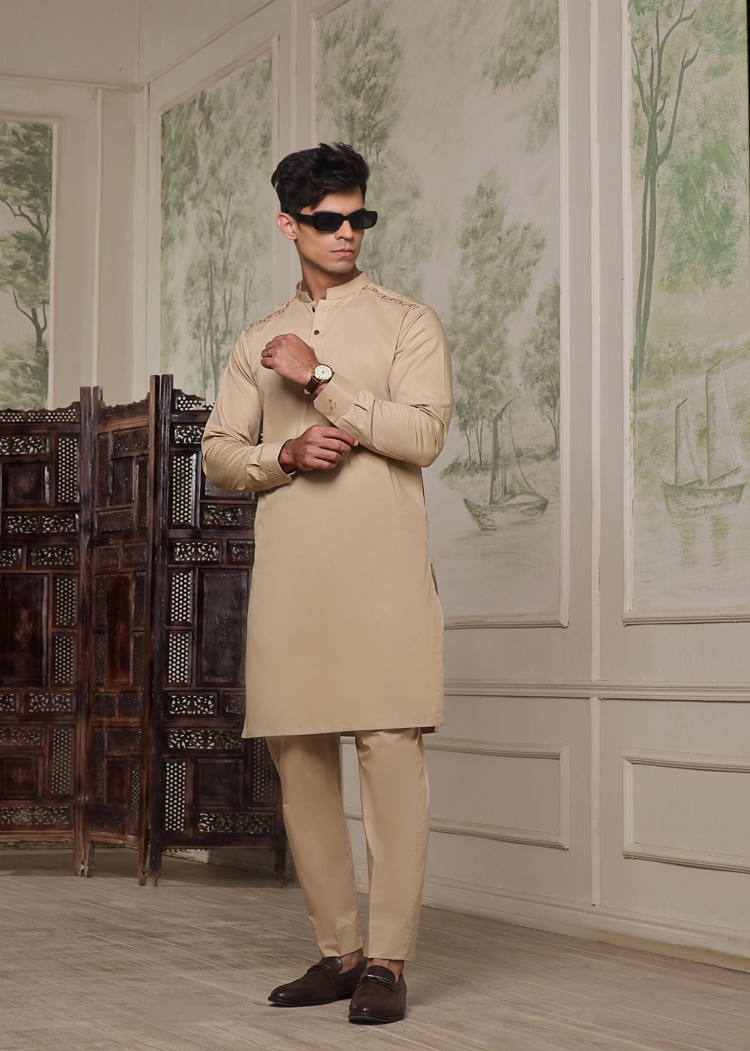 cotton satin Kurta Set in Gold