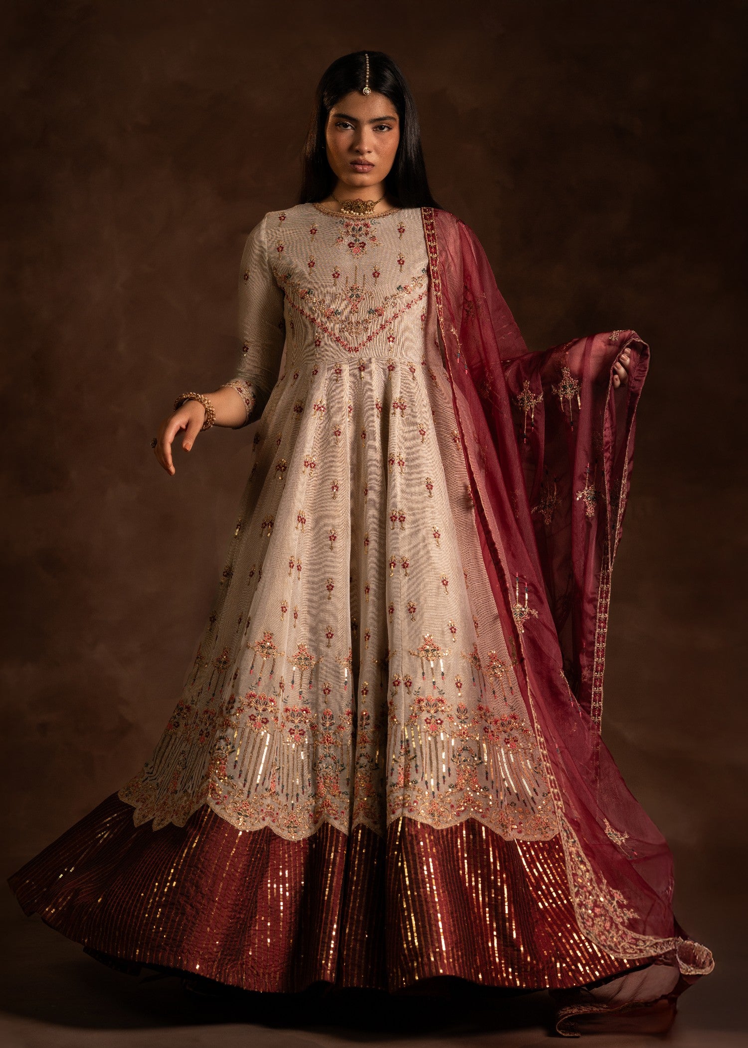 cotton net Pishwas in Maroon, beige