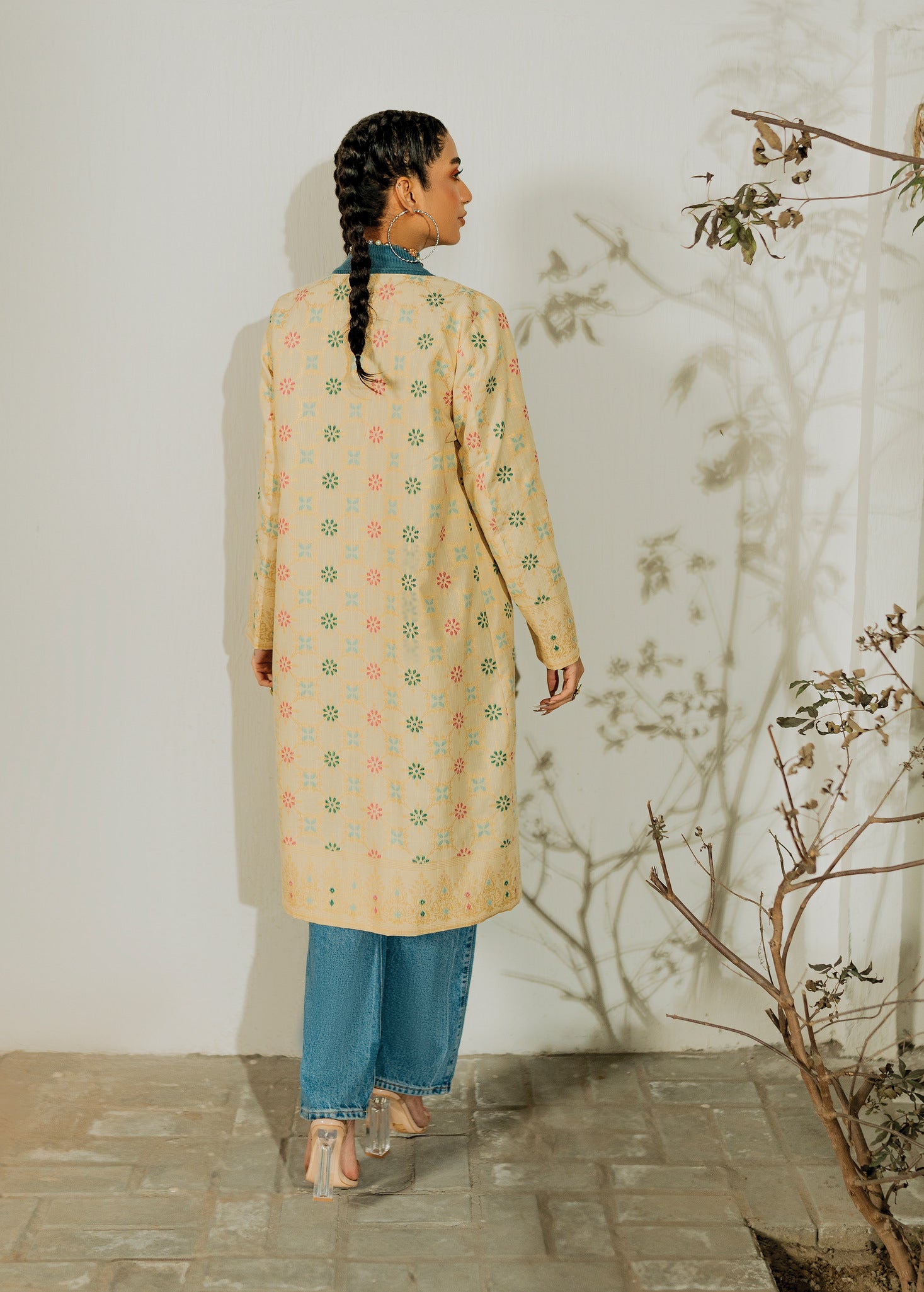 slub khaddar Jacket in Cream