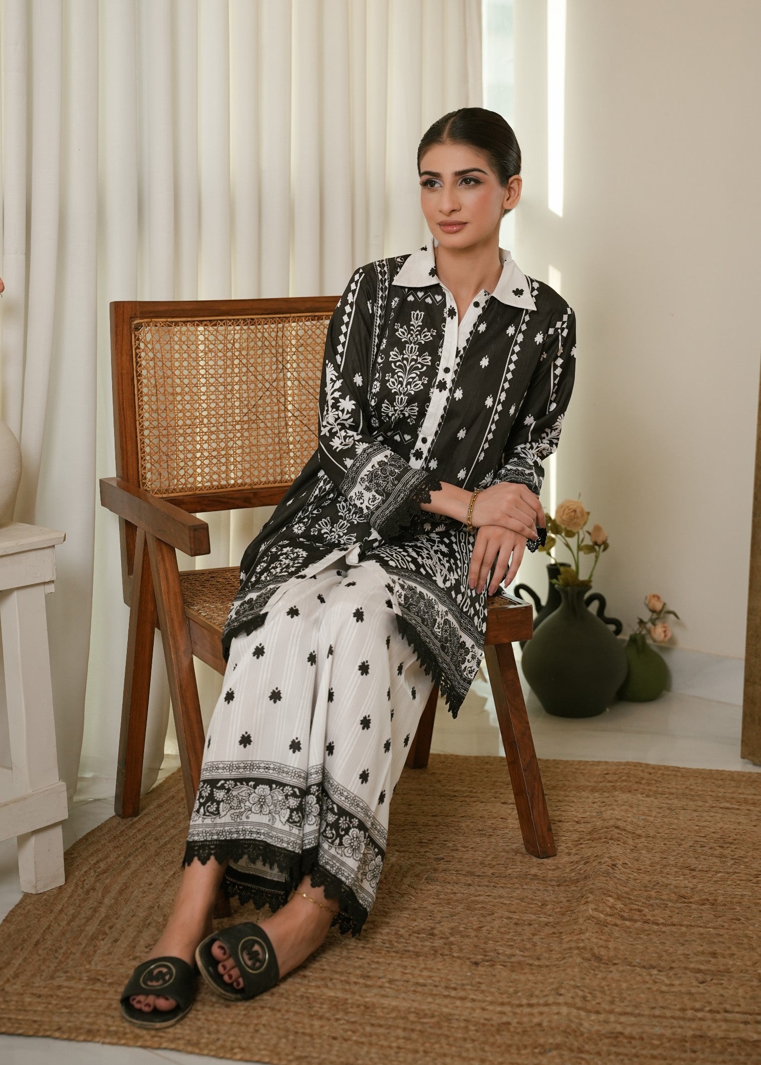 textured lawn Co Ord Sets in Black, white