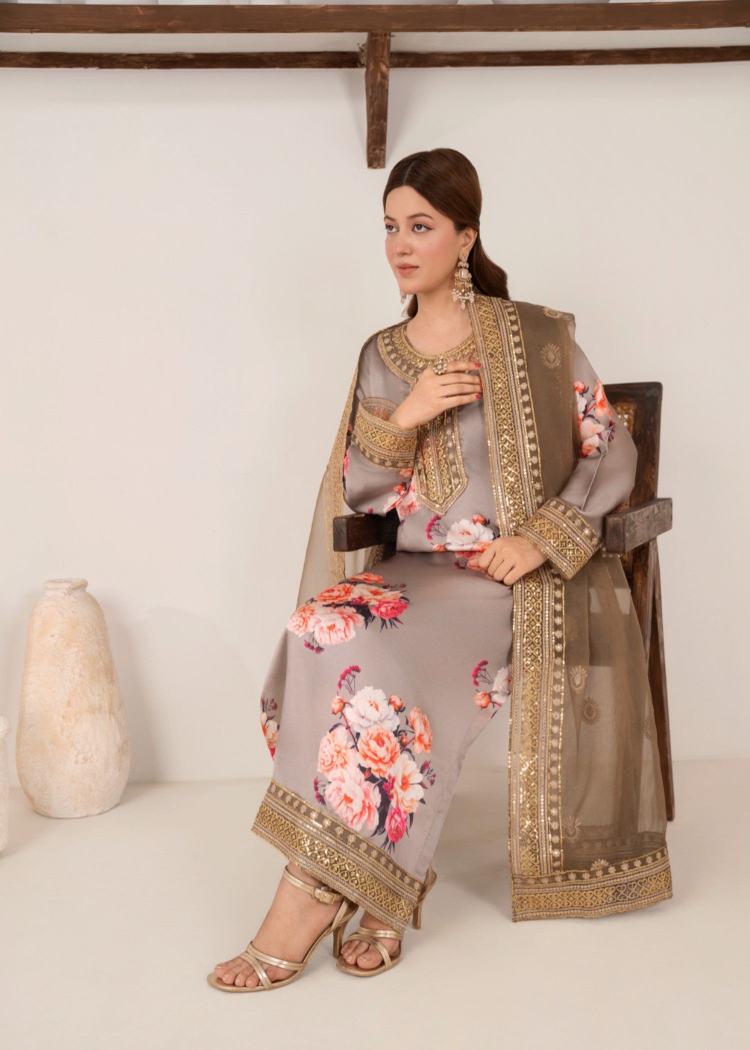 silk charmeuse Kurta Set in Light grey