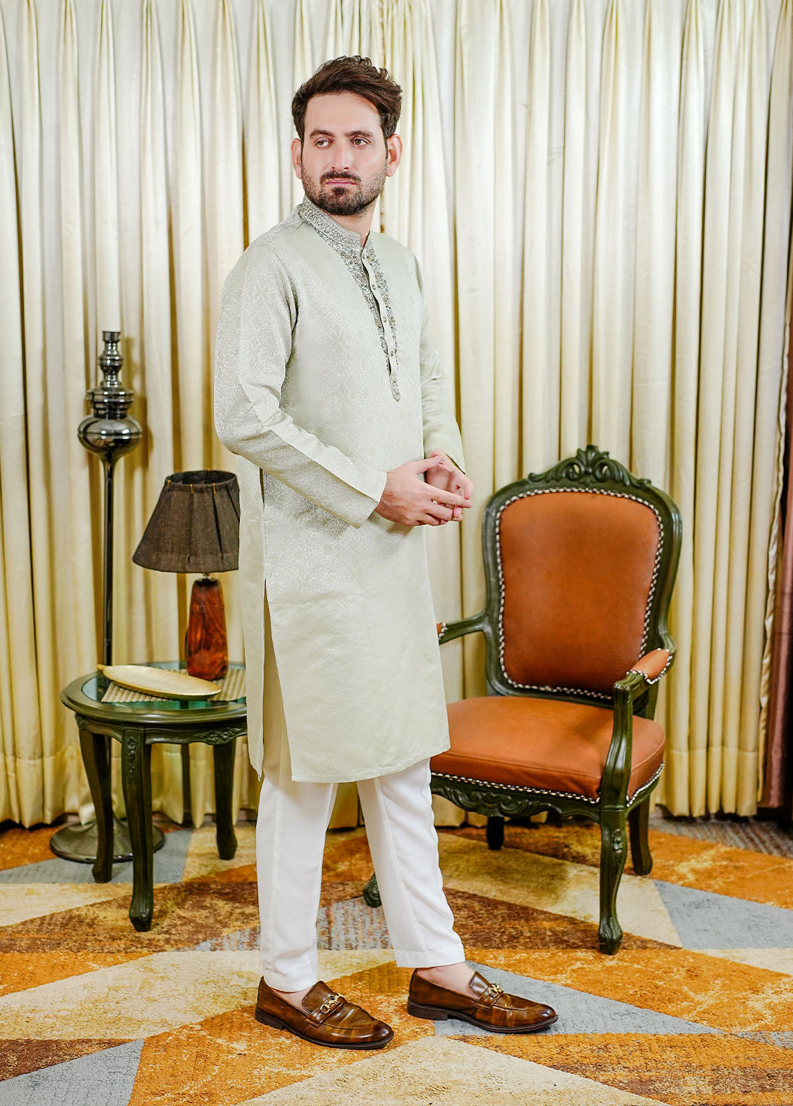 traditional jamawar Kurta in Silver