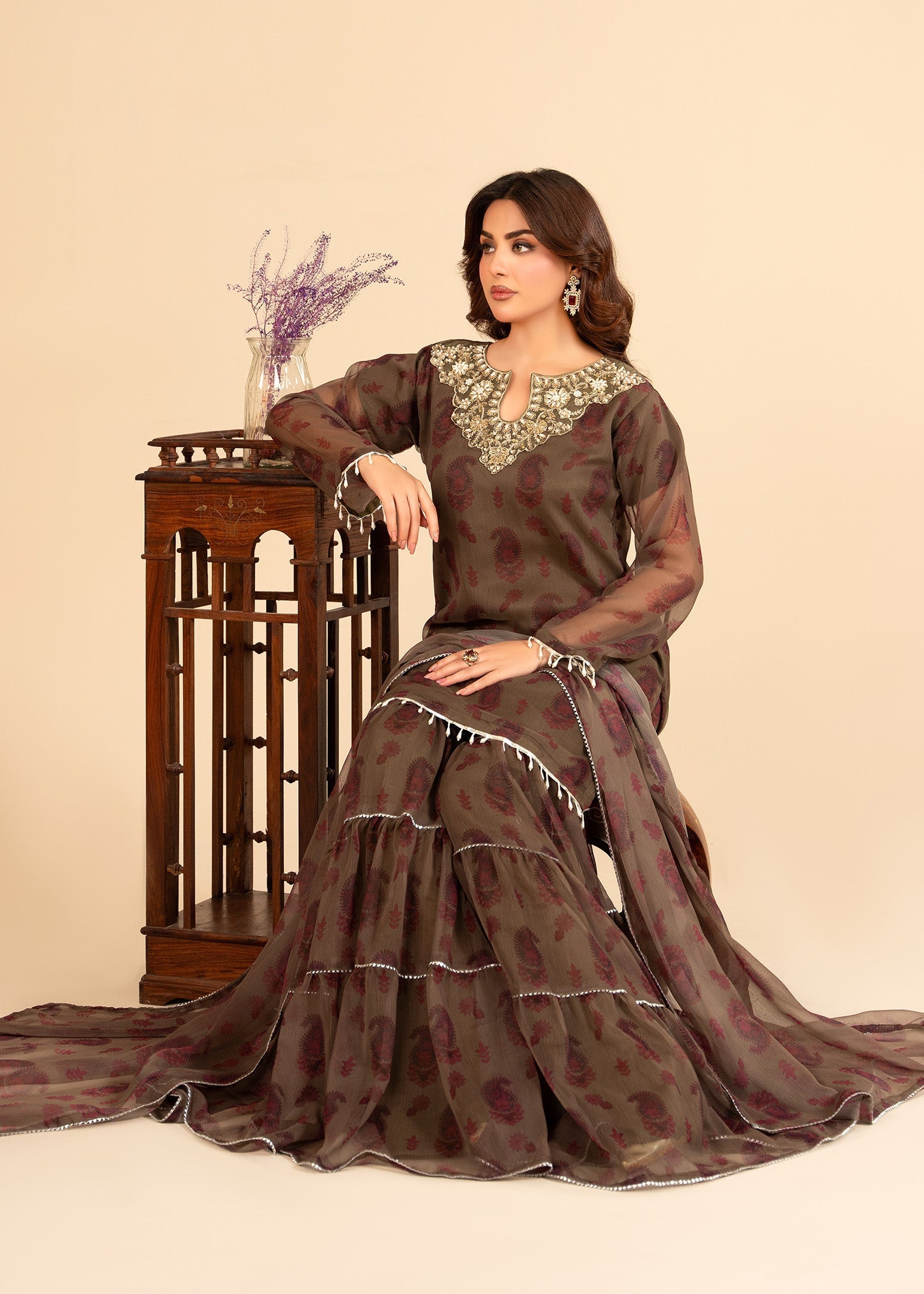 bemberg crinkle chiffon Gharara in Brown