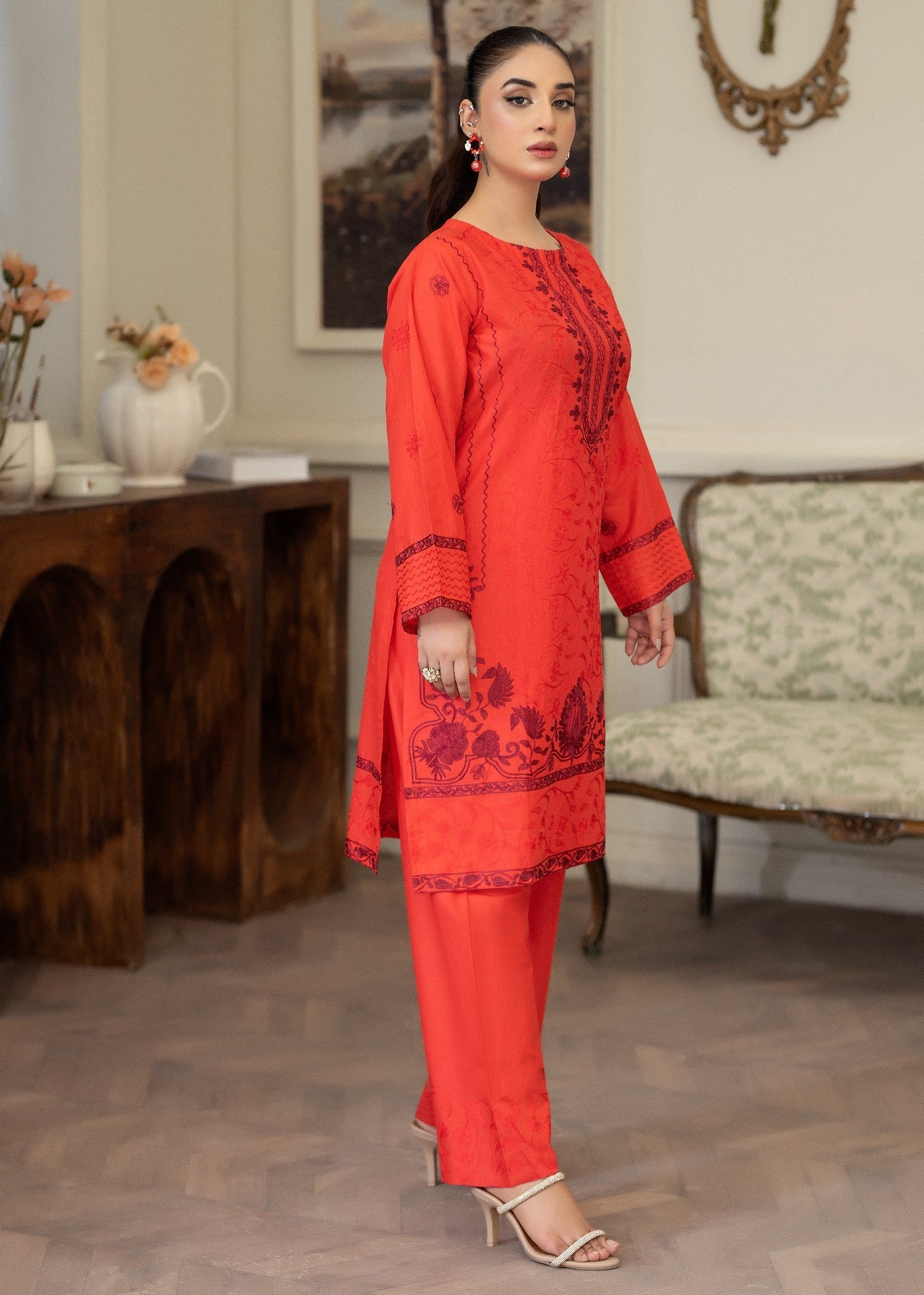 lawn cotton Kurta Set in Coral red