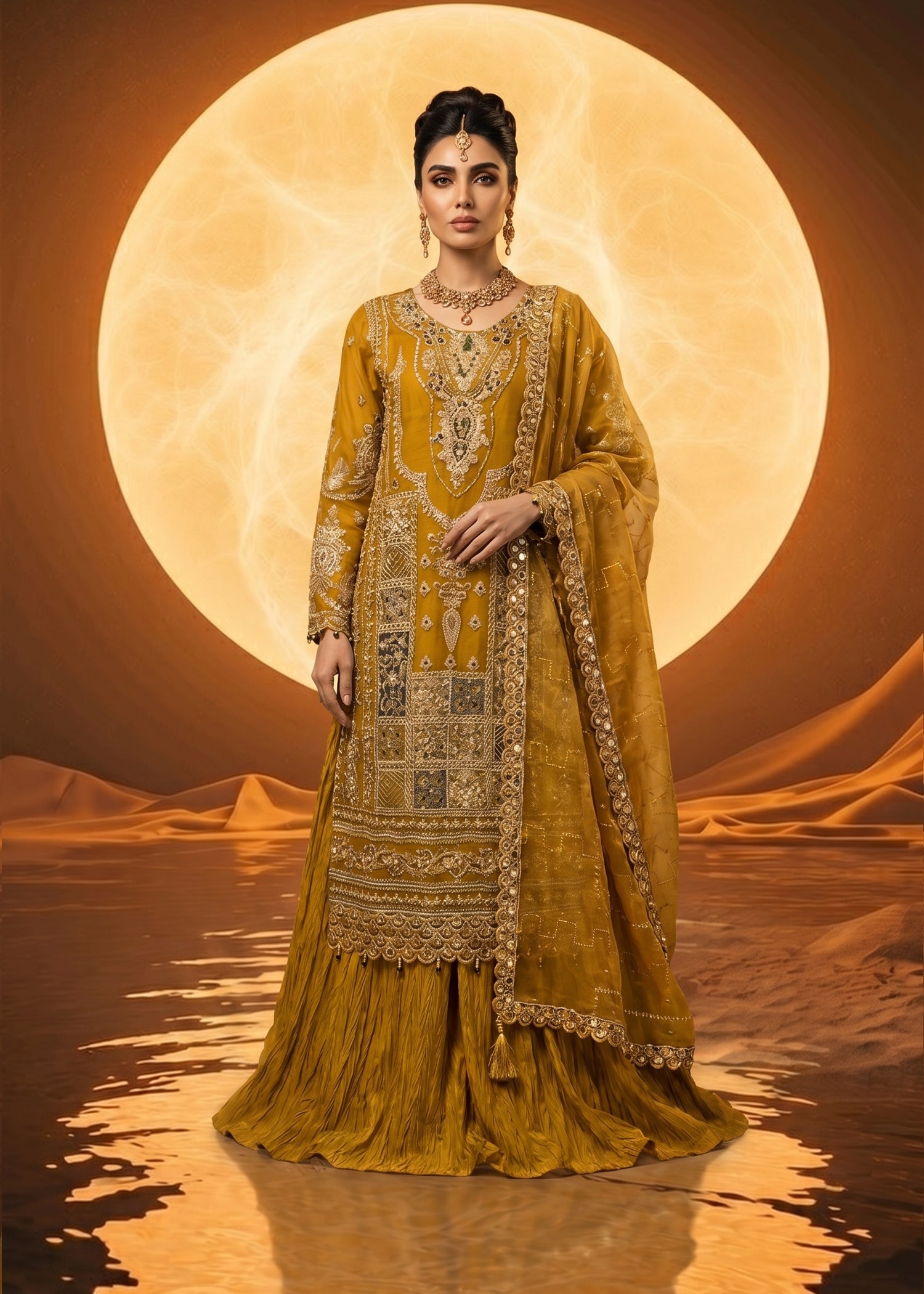 organza Lehenga in Mustard