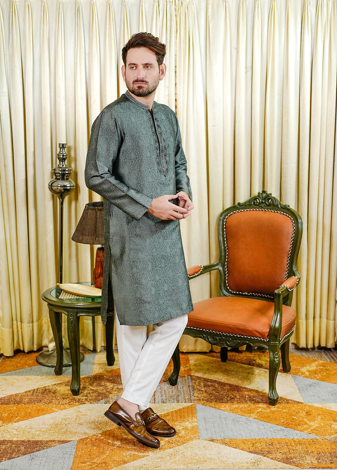 traditional jamawar Kurta in Iron grey