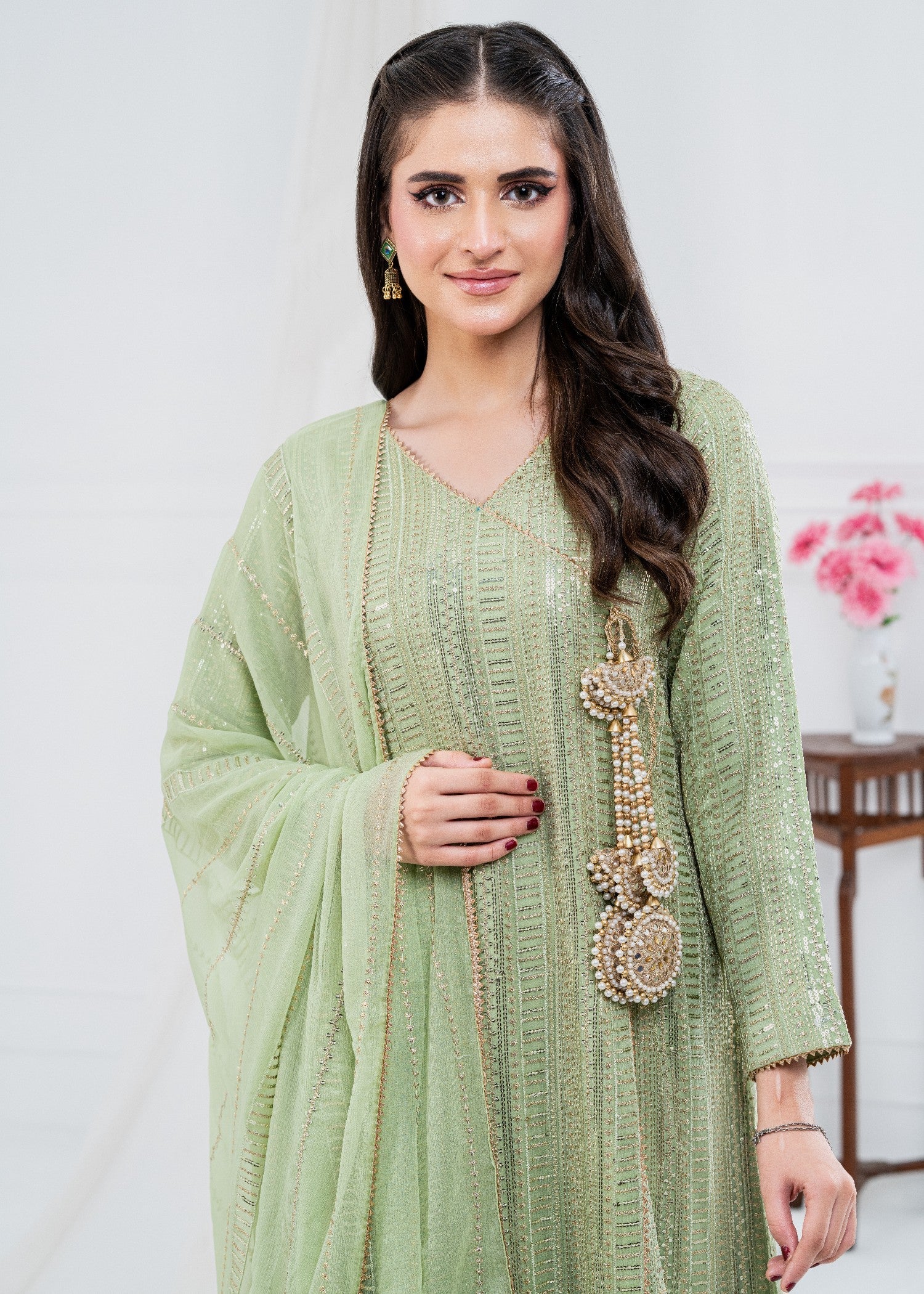 chiffon Angrakha in Pistachio green
