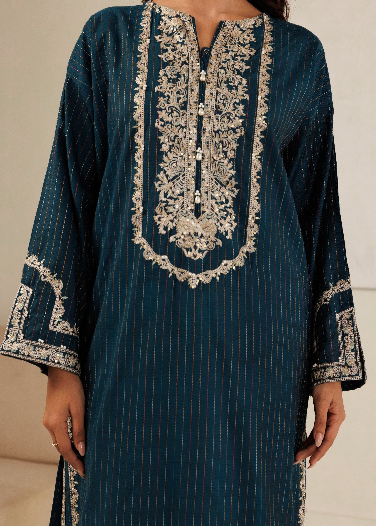yarn dyed Kurta Set in Teal