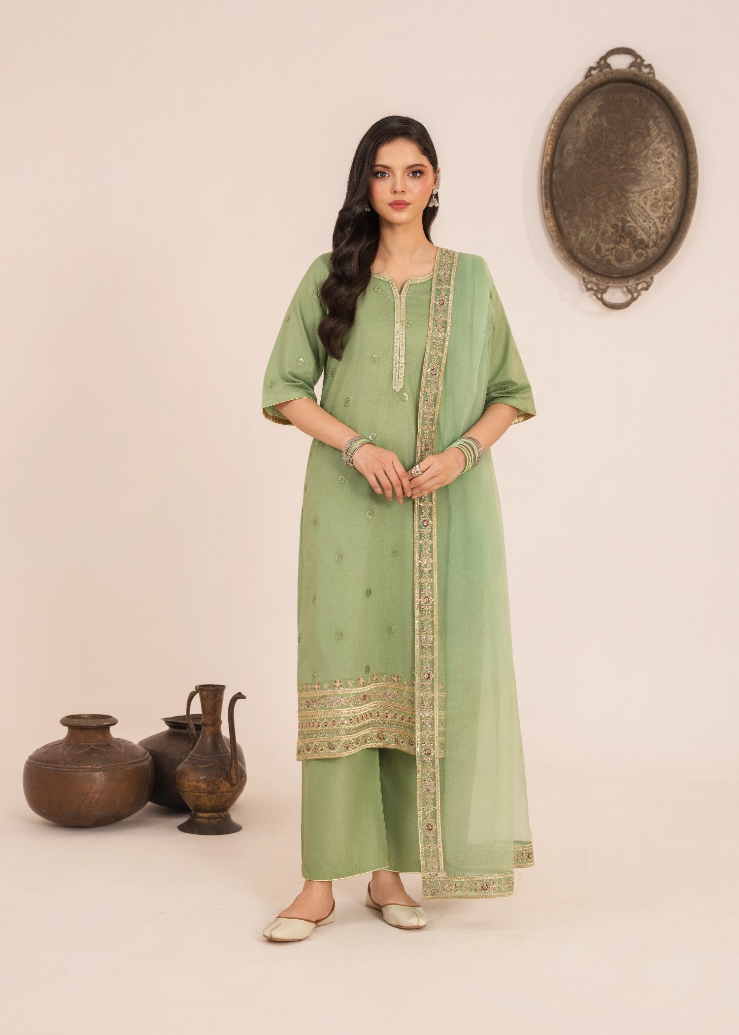 lawn Kurta Set in Pistachio green, gold